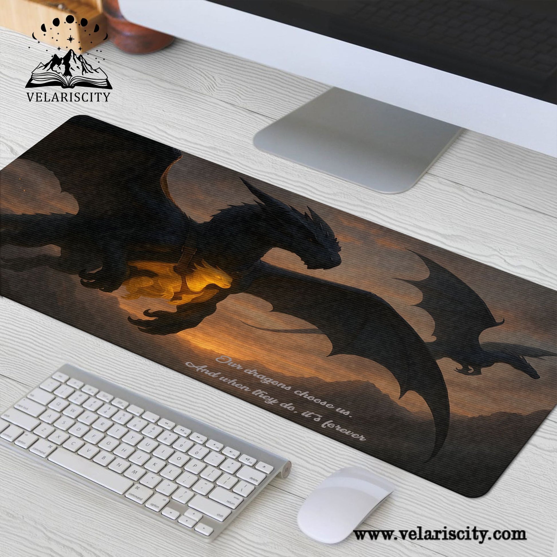 Fourth Wing Dragon Desk Mat, “Our Dragons Choose Us” Quote, Fantasy Bookish Mouse Pad DMVLR34