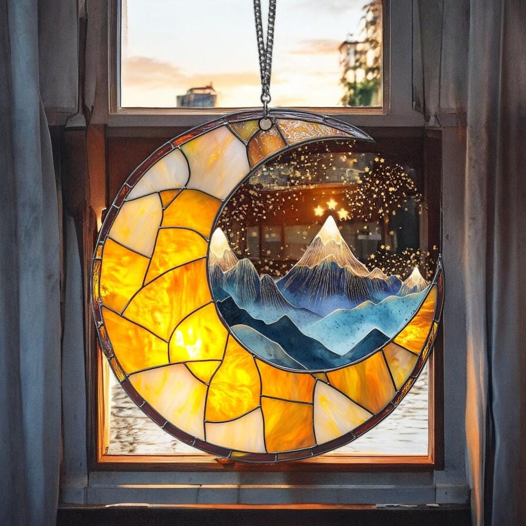 Night Court Suncatcher Ornament – ACOTAR Inspired Faux Stained Glass Moon and Mountain Window Hanging, Fantasy Book Lover Gift SGVLR37