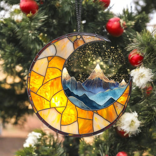Night Court Suncatcher Ornament – ACOTAR Inspired Faux Stained Glass Moon and Mountain Window Hanging, Fantasy Book Lover Gift SGVLR37