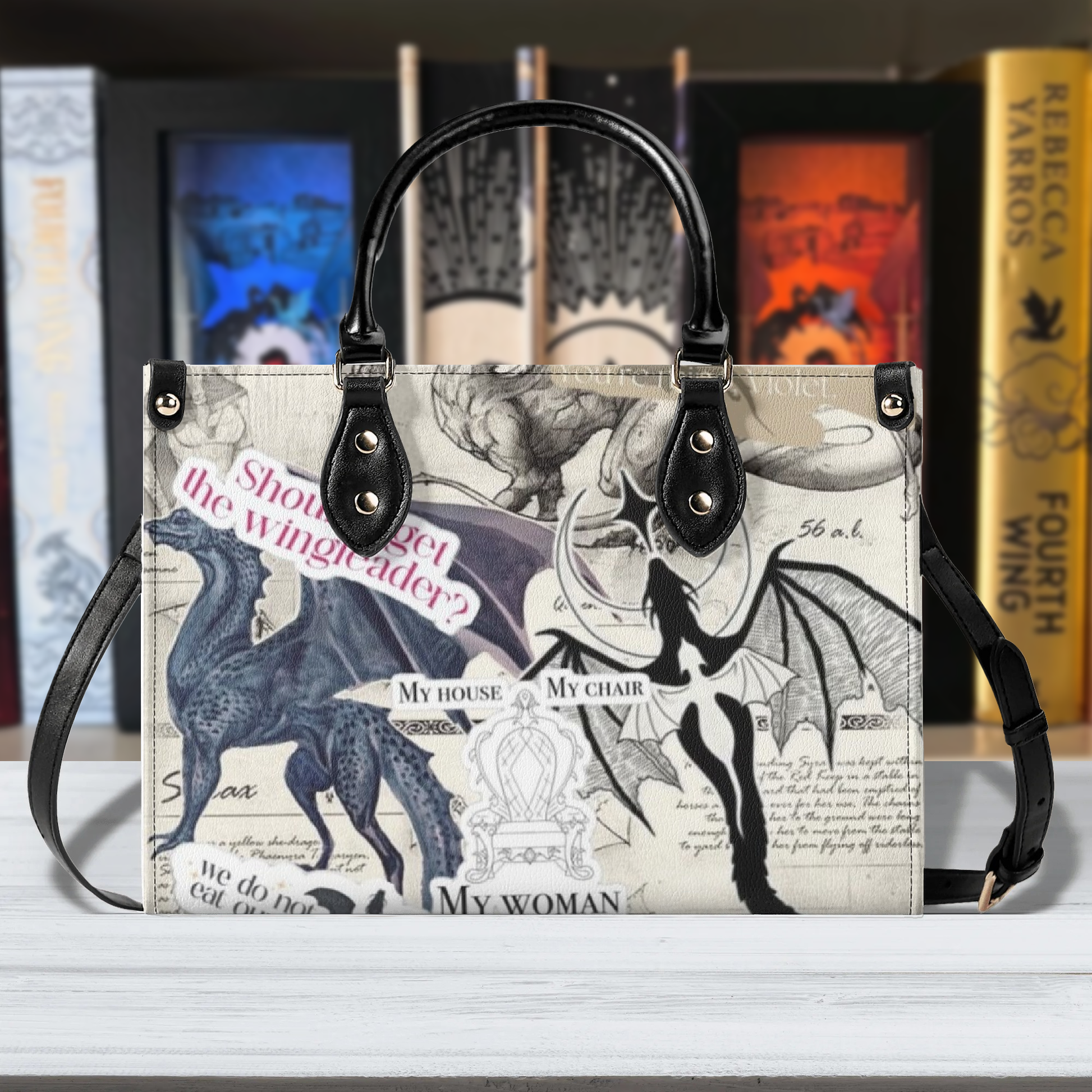 Fourth Wing Inspired Collage Leather Bag, Fourth Wing Inspired Bag, Personalized Leather Bag, Fantasy Leather Handbag, Perfect Gift for Women. HBVLR40