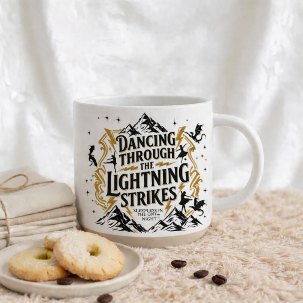 Dancing Through the Lightning Strikes Ceramic Mug, Fourth Wing Inspired Fantasy Bookish Coffee Cup, Dragon Reader Gift, Cozy Aesthetic