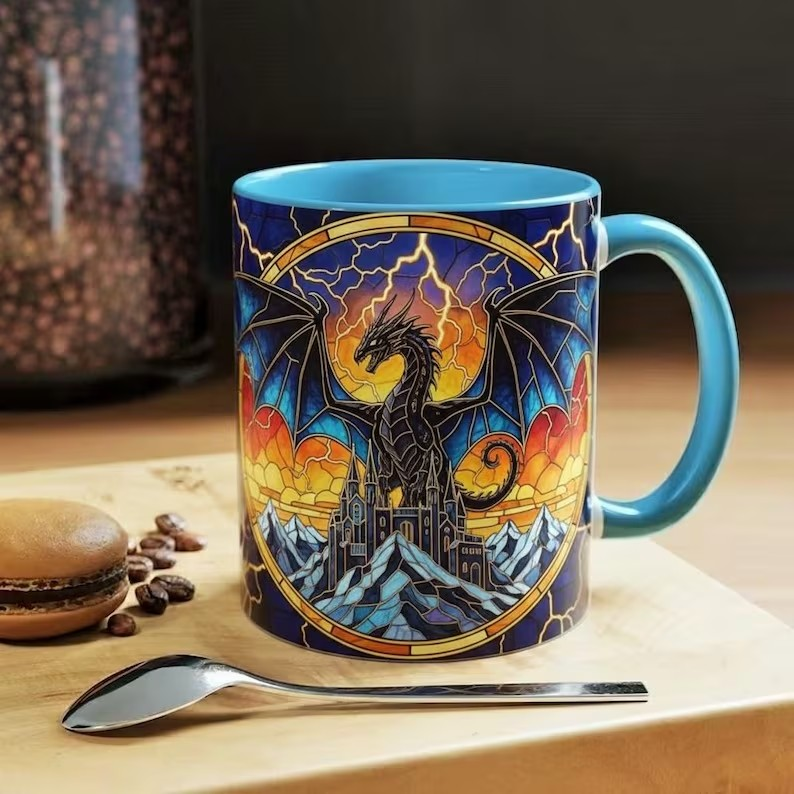 Basgiath War College Lightning Dragon Coffee Mug, Fourth Wing Dragon Stained Glass Style Mug, Dragon Rider Fantasy Art Cup, Bookish Tea Mug