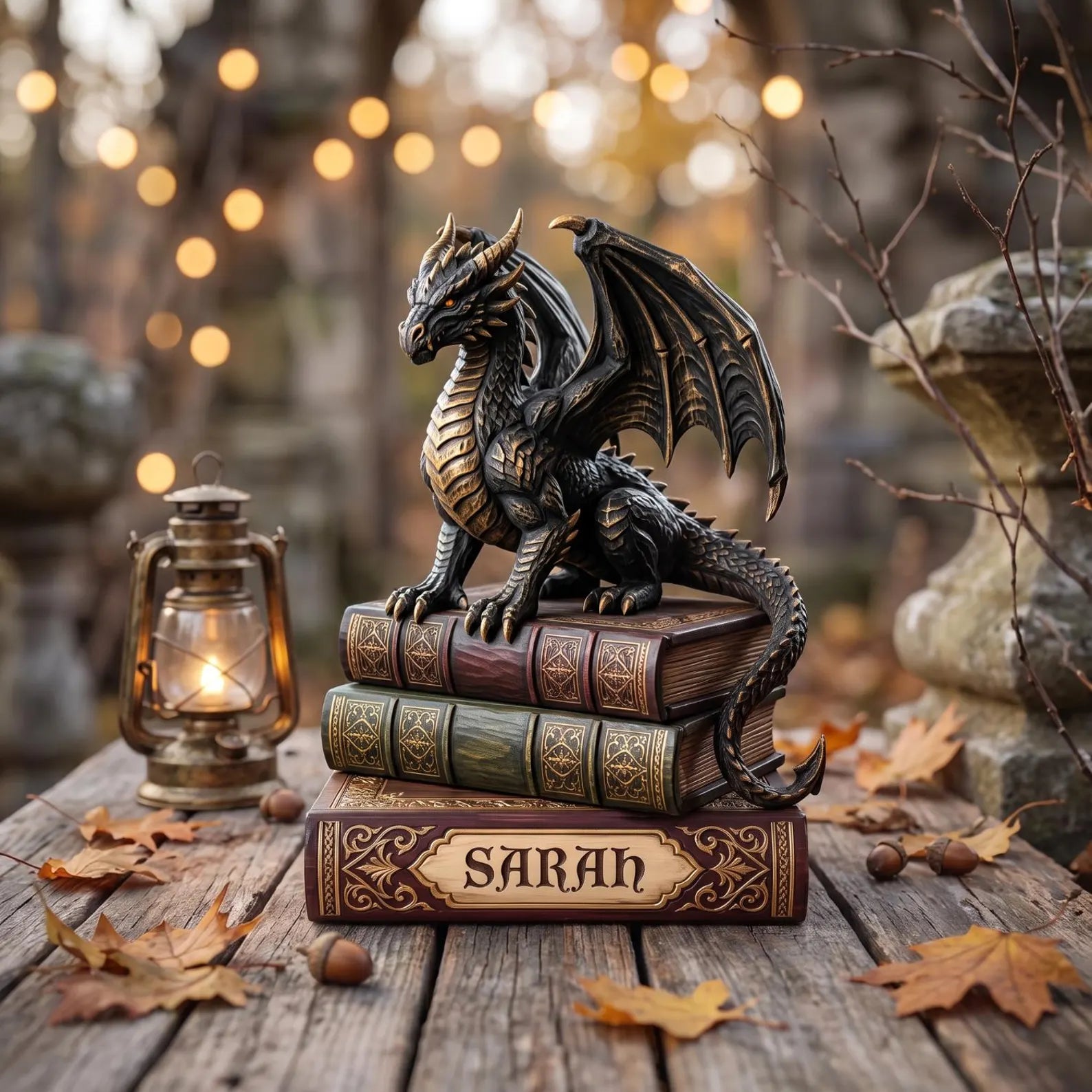 Majestic Dragon Book Stack 2D FLAT Wooden Block, Custom Dark Academia Desk Decor, Gothic Fantasy Bookshelf Sign, Book Lover Gift – WBVLR09