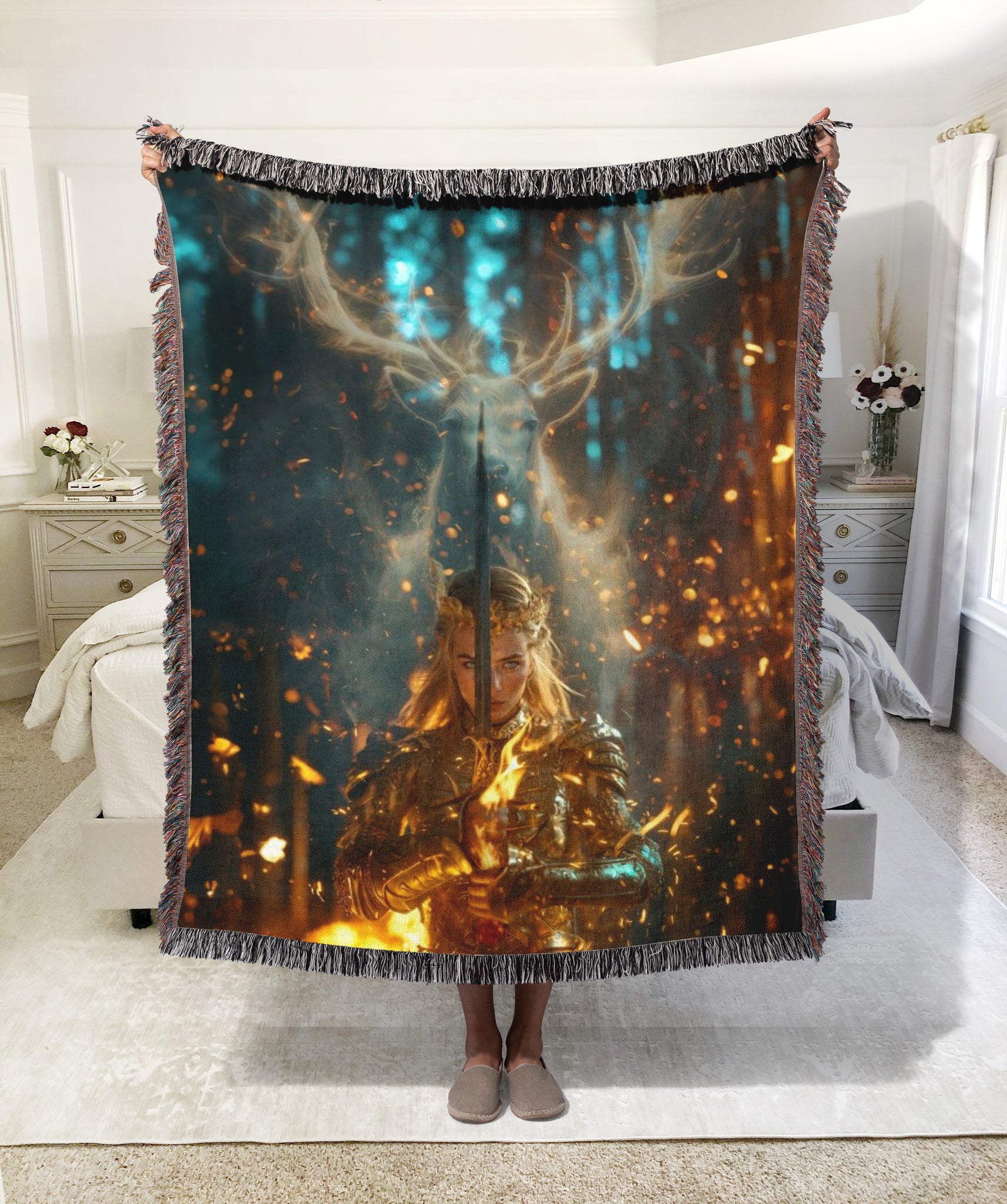 Throne of Glass Inspired Woven Blanket, Stag Queen Fantasy Throw, Fireheart Bookish Blanket, Aelin Inspired Gift for Fantasy Readers Decor BKVLR04