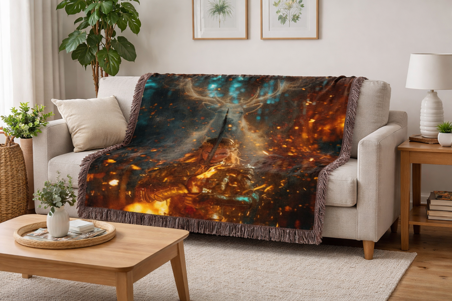 Throne of Glass Inspired Woven Blanket, Stag Queen Fantasy Throw, Fireheart Bookish Blanket, Aelin Inspired Gift for Fantasy Readers Decor BKVLR04