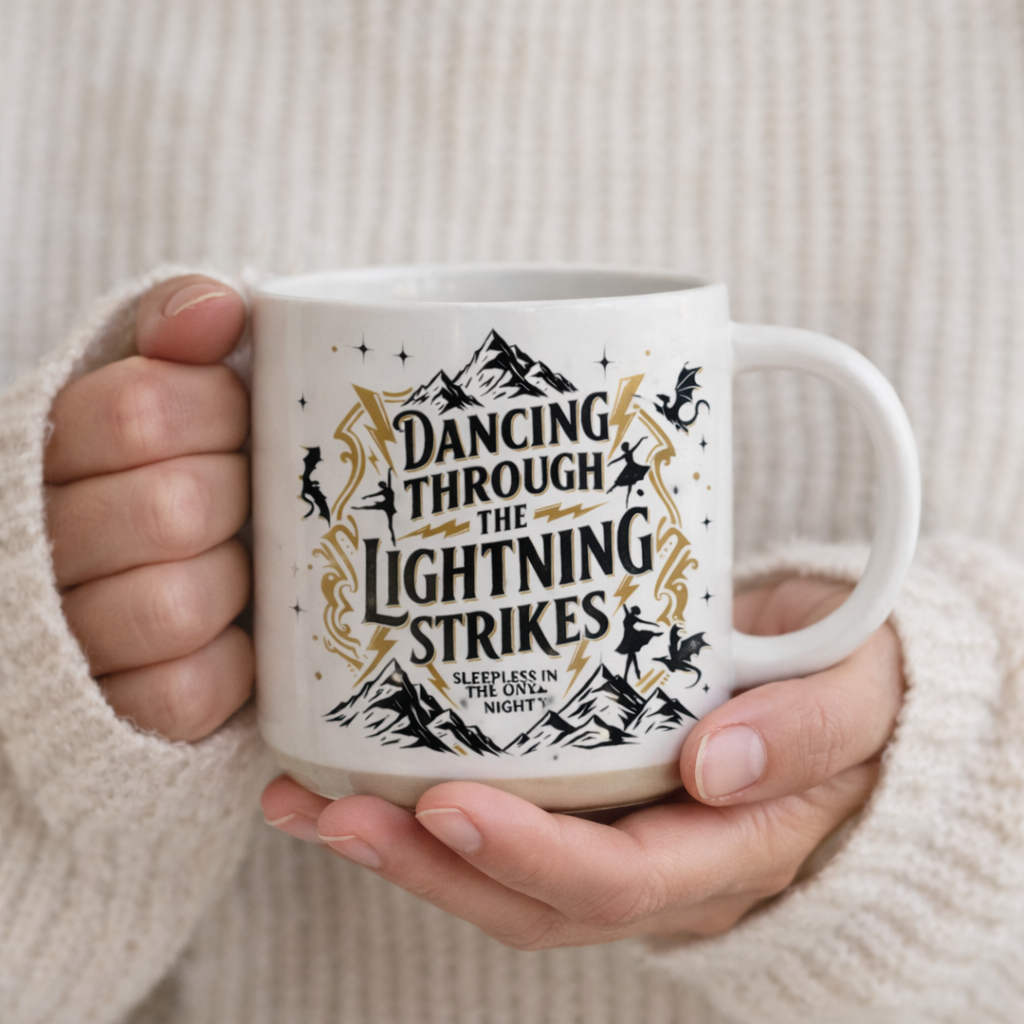Dancing Through the Lightning Strikes Ceramic Mug, Fourth Wing Inspired Fantasy Bookish Coffee Cup, Dragon Reader Gift, Cozy Aesthetic