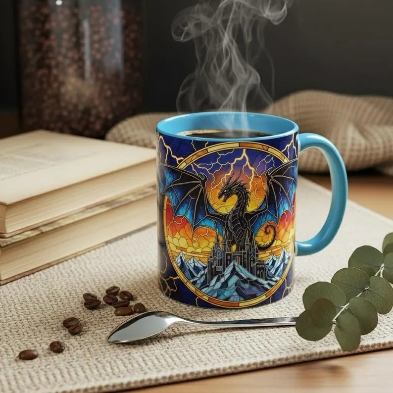 Basgiath War College Lightning Dragon Coffee Mug, Fourth Wing Dragon Stained Glass Style Mug, Dragon Rider Fantasy Art Cup, Bookish Tea Mug