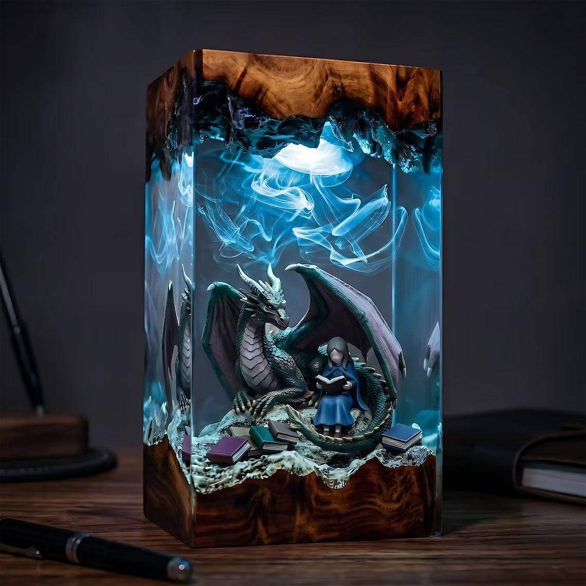 Dragon Book Resin Lamp, Twin Dragons Fantasy Reading Night Light, Magical Library Decor, Gift for Teachers and Book Lovers. ERNLVLA25