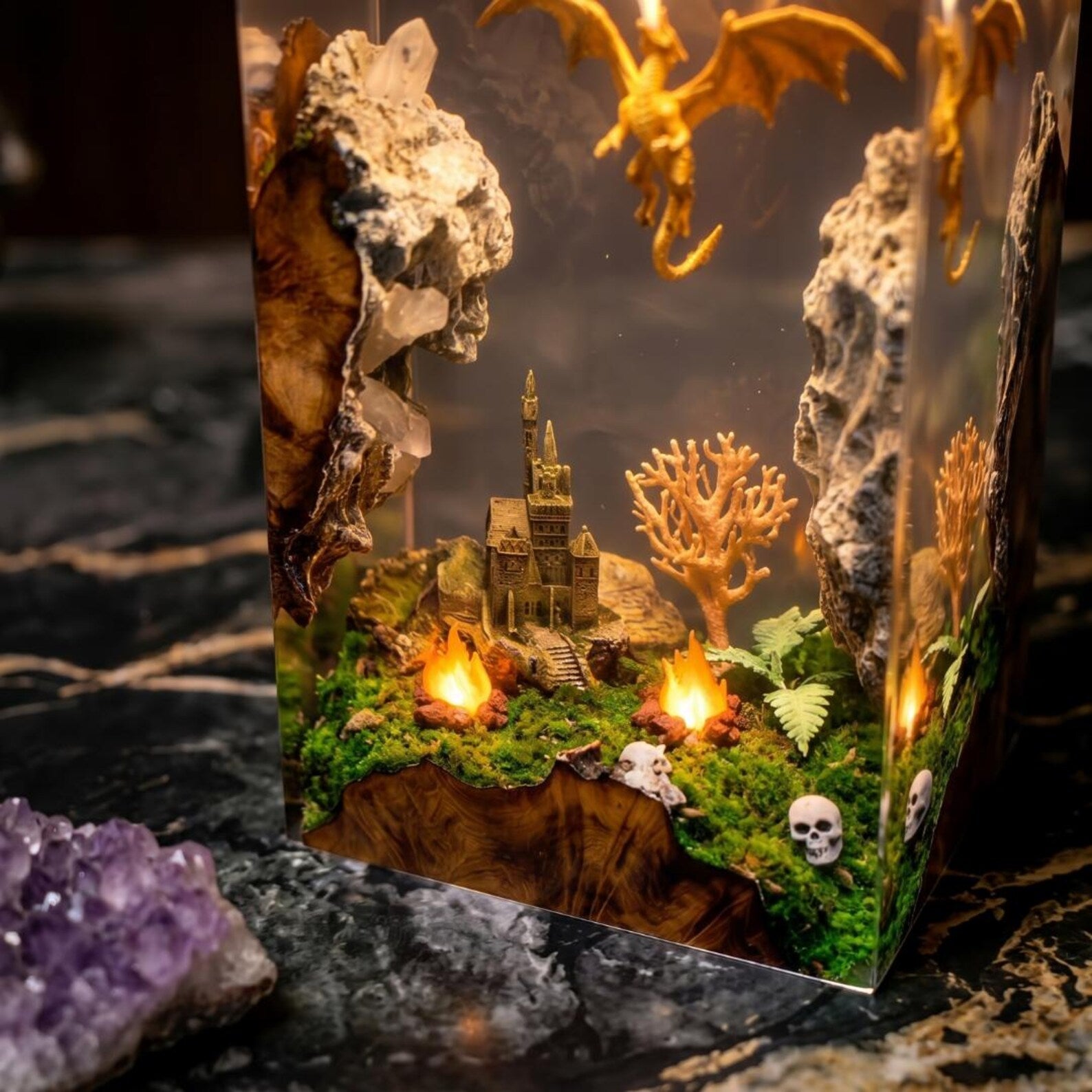 Golden Dragon Resin Lamp, Vertical Castle Diorama Night Light, Dark Fantasy Wood Epoxy Art, Gamer Desk Decor, Unique Gift for Him. ERNLVLA12