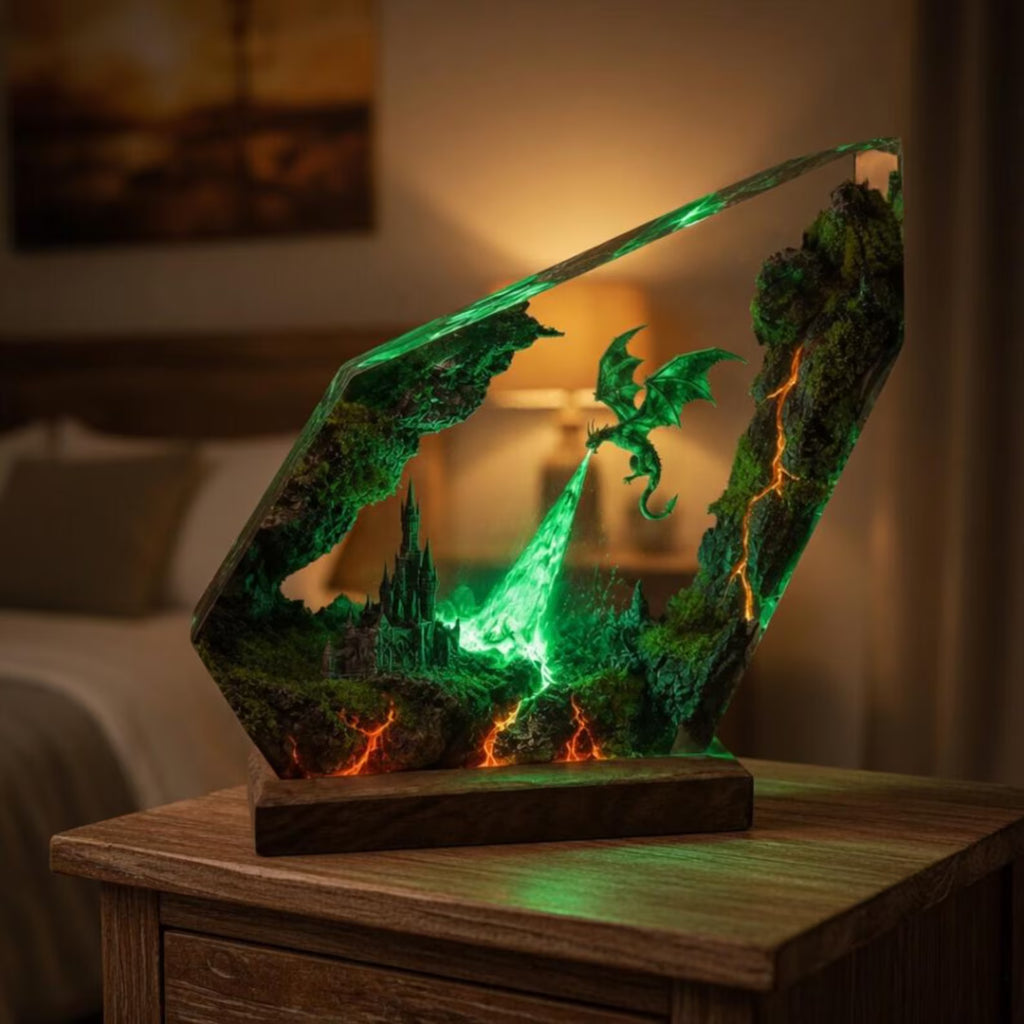 Dragon Resin Diorama Lamp, Fantasy Epoxy Night Light with Castle Scene, LED Wood Base, Unique Gift for Dragon Lovers, Gift For Him Dad. ERNLVLA10