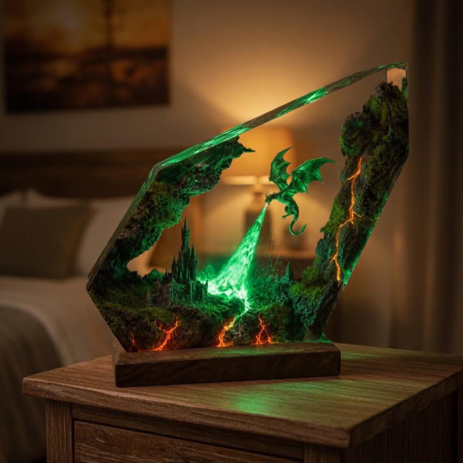 Dragon Resin Diorama Lamp, Fantasy Epoxy Night Light with Castle Scene, LED Wood Base, Unique Gift for Dragon Lovers, Gift For Him Dad. ERNLVLA10