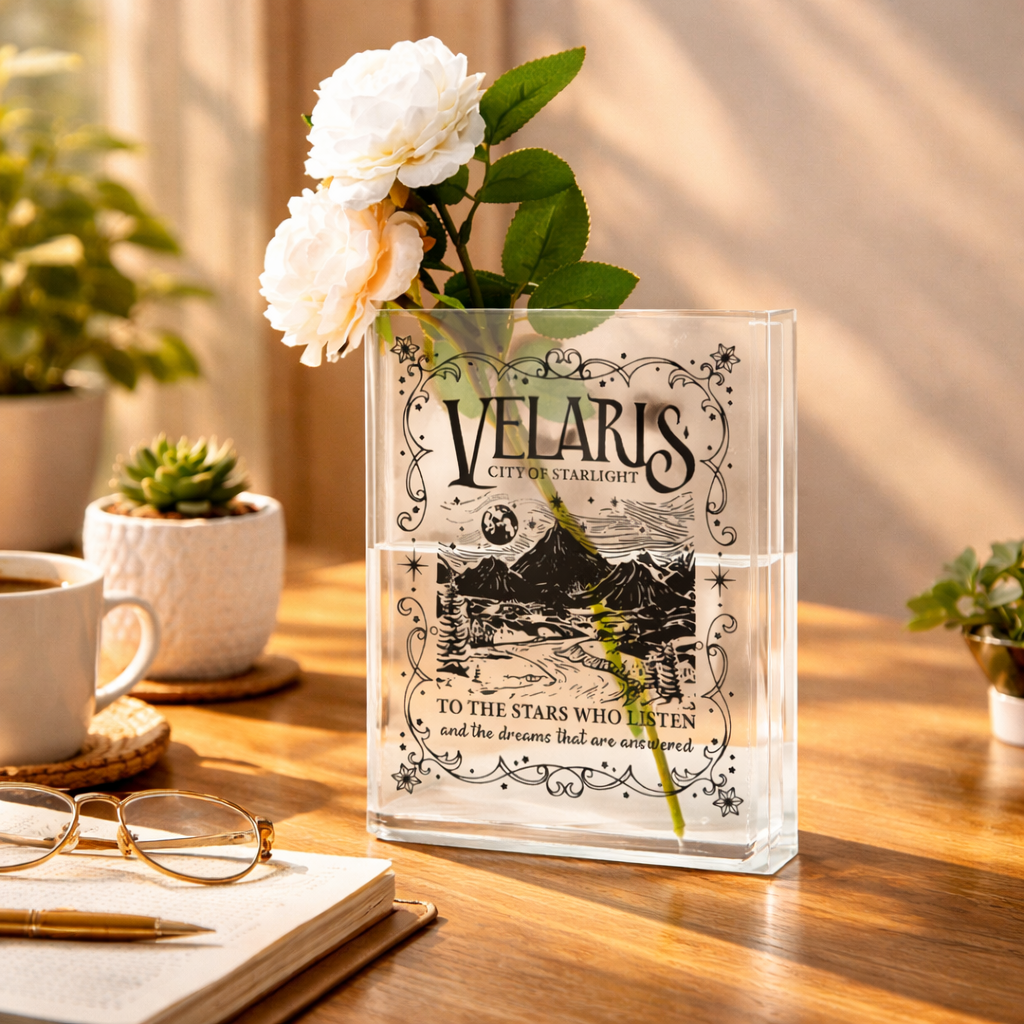To The Stars Who Listen Book Shaped Vase, Velaris Book Vase, ACOTAR Inspired Acrylic Vase, Night Court Shelf Decor, Fantasy Bookish Vase SJM VLRBV37