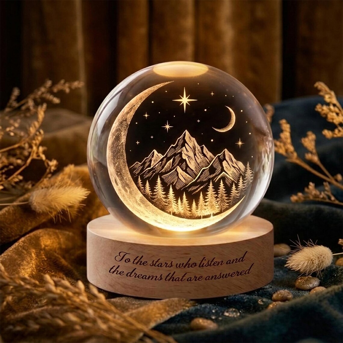 Personalized Crystal Ball Night Light, Mountain Moon Lamp, Custom Engraved Glass Globe, Celestial Bedroom Decor, Gift for Her. NLVLR4