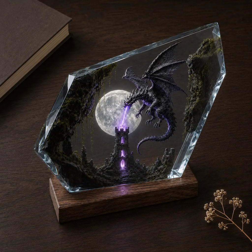 Shadow Dragon Resin Lamp, Moonlit Tower Night Light, Dark Fantasy Epoxy Wood Lamp, Handmade Dragon Decor, Unique Gift. ERNLVLA17
