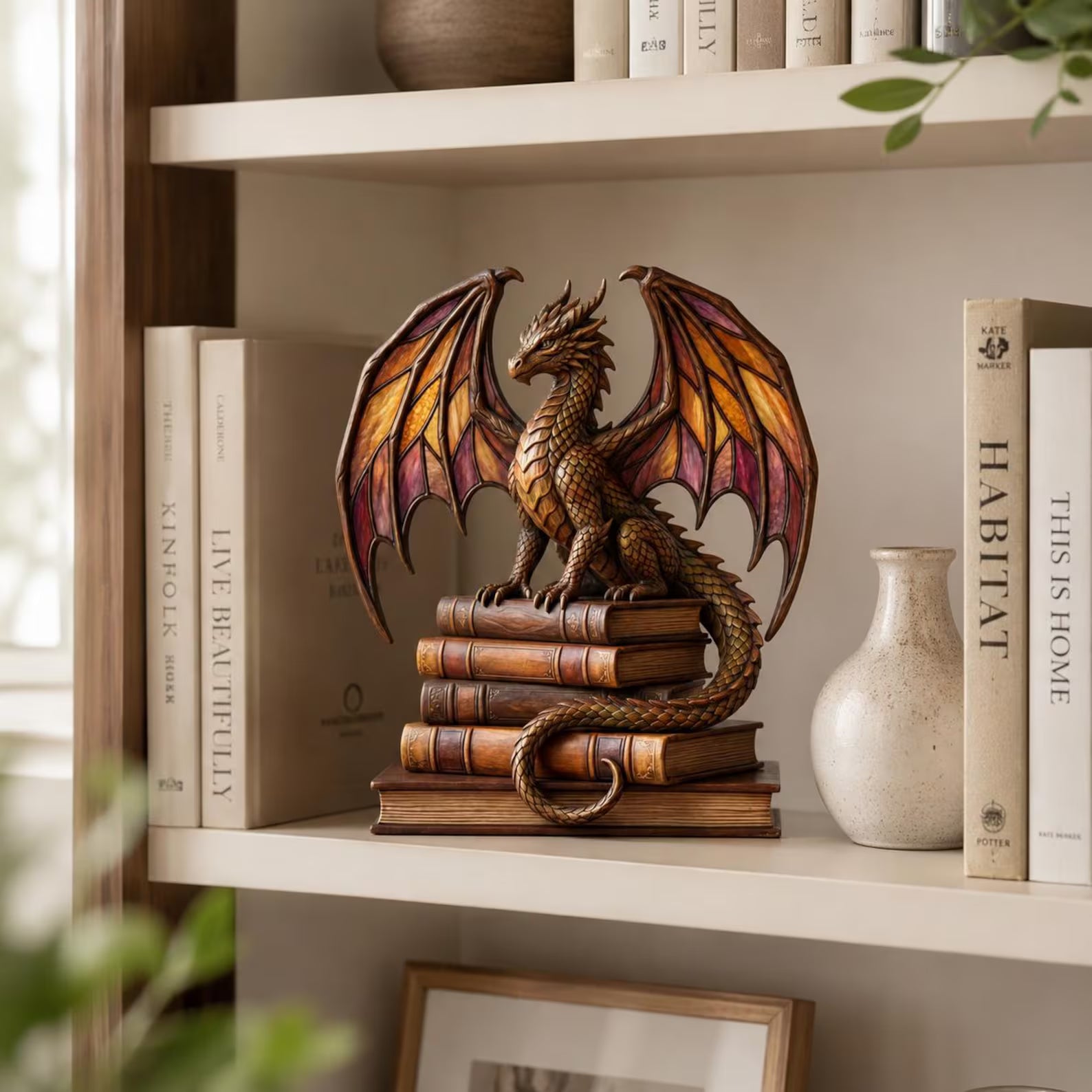 Dragon Book Stack Wooden Block Decor, Magical Library Accent, 2d flat print  – WBVLR07