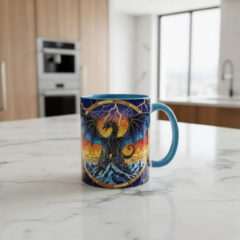 Basgiath War College Lightning Dragon Coffee Mug, Fourth Wing Dragon Stained Glass Style Mug, Dragon Rider Fantasy Art Cup, Bookish Tea Mug