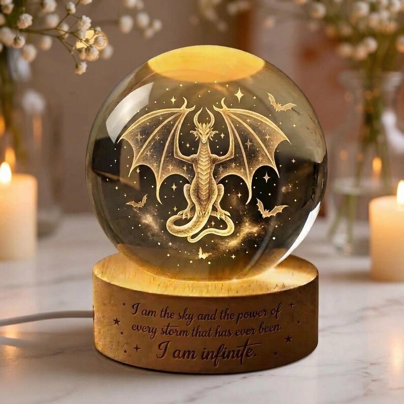 Fourth Wing Dragon Crystal Ball Night Light, Fantasy Book Lover Gift, I Am Infinity, Tairn and Andarna Lovers. NLVLR2