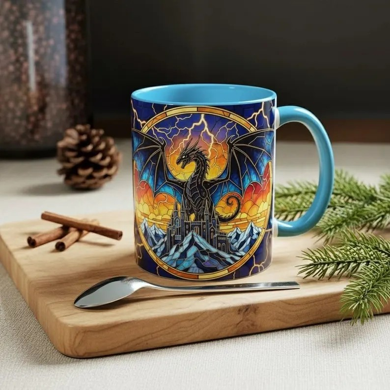 Basgiath War College Lightning Dragon Coffee Mug, Fourth Wing Dragon Stained Glass Style Mug, Dragon Rider Fantasy Art Cup, Bookish Tea Mug