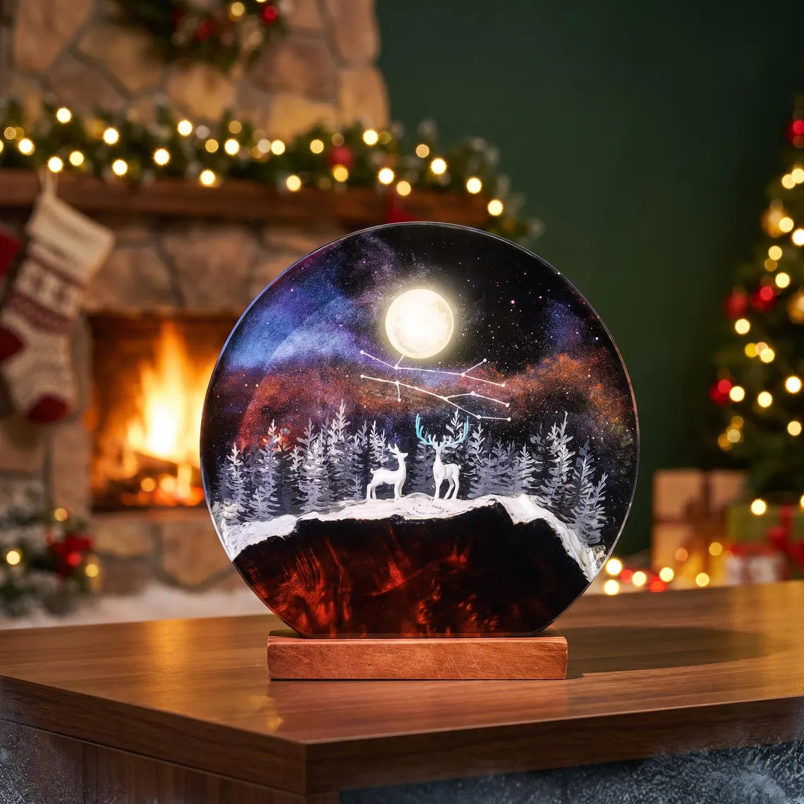 Deer Enchanted Forest Resin Lamp | Aurora Borealis Epoxy Night Light | Deer Decor, Gift for Her, Christmas Gift, Housewarming Gift. ERNLVLA21