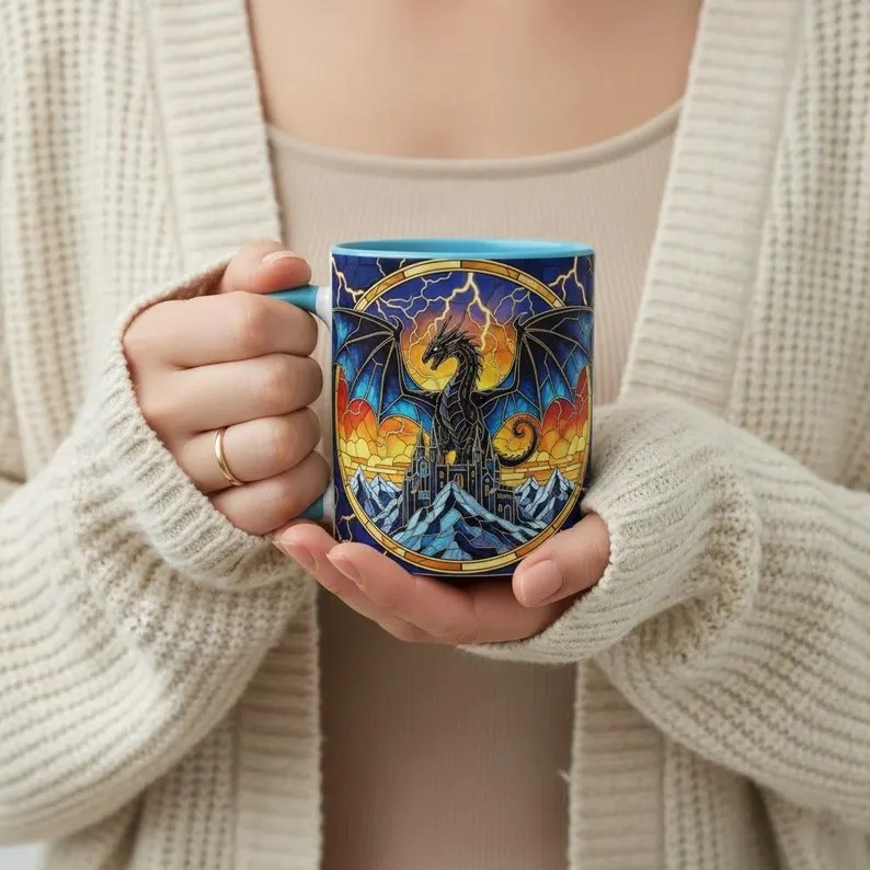 Basgiath War College Lightning Dragon Coffee Mug, Fourth Wing Dragon Stained Glass Style Mug, Dragon Rider Fantasy Art Cup, Bookish Tea Mug