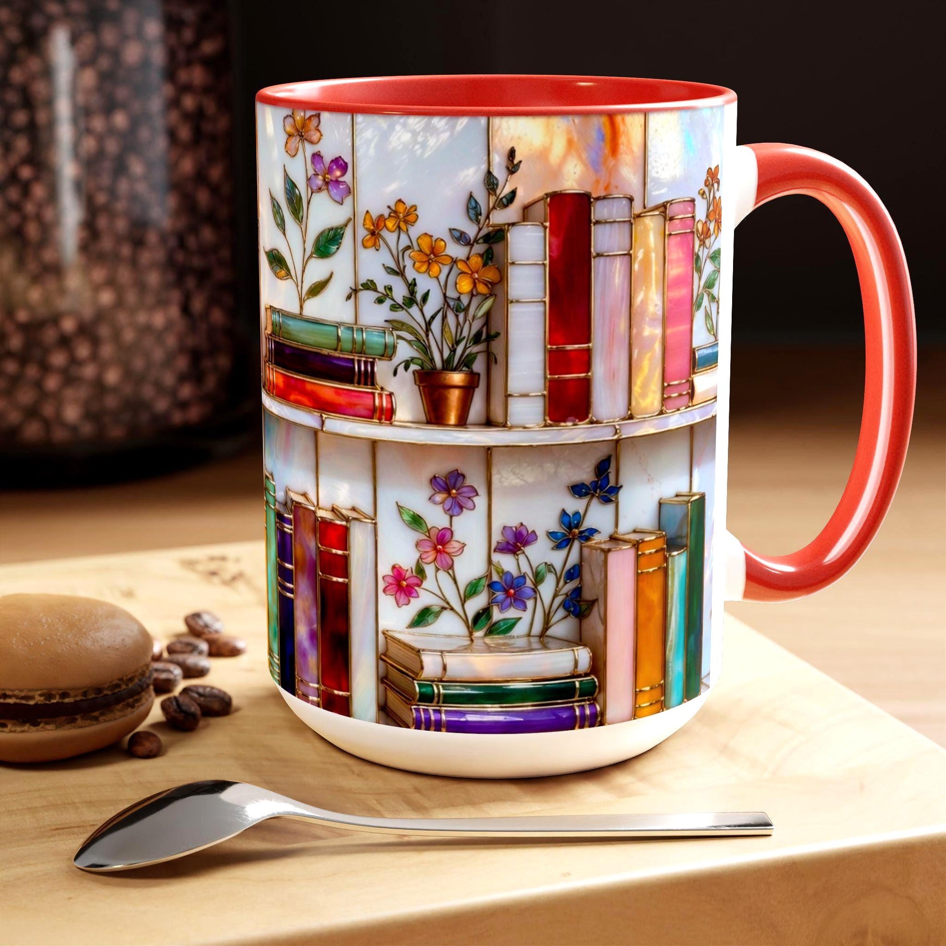 Floral Bookshelf Coffee Mug, Book Lover Gift, Bookish Stained-Glass Style Mug, Library Aesthetic Cup