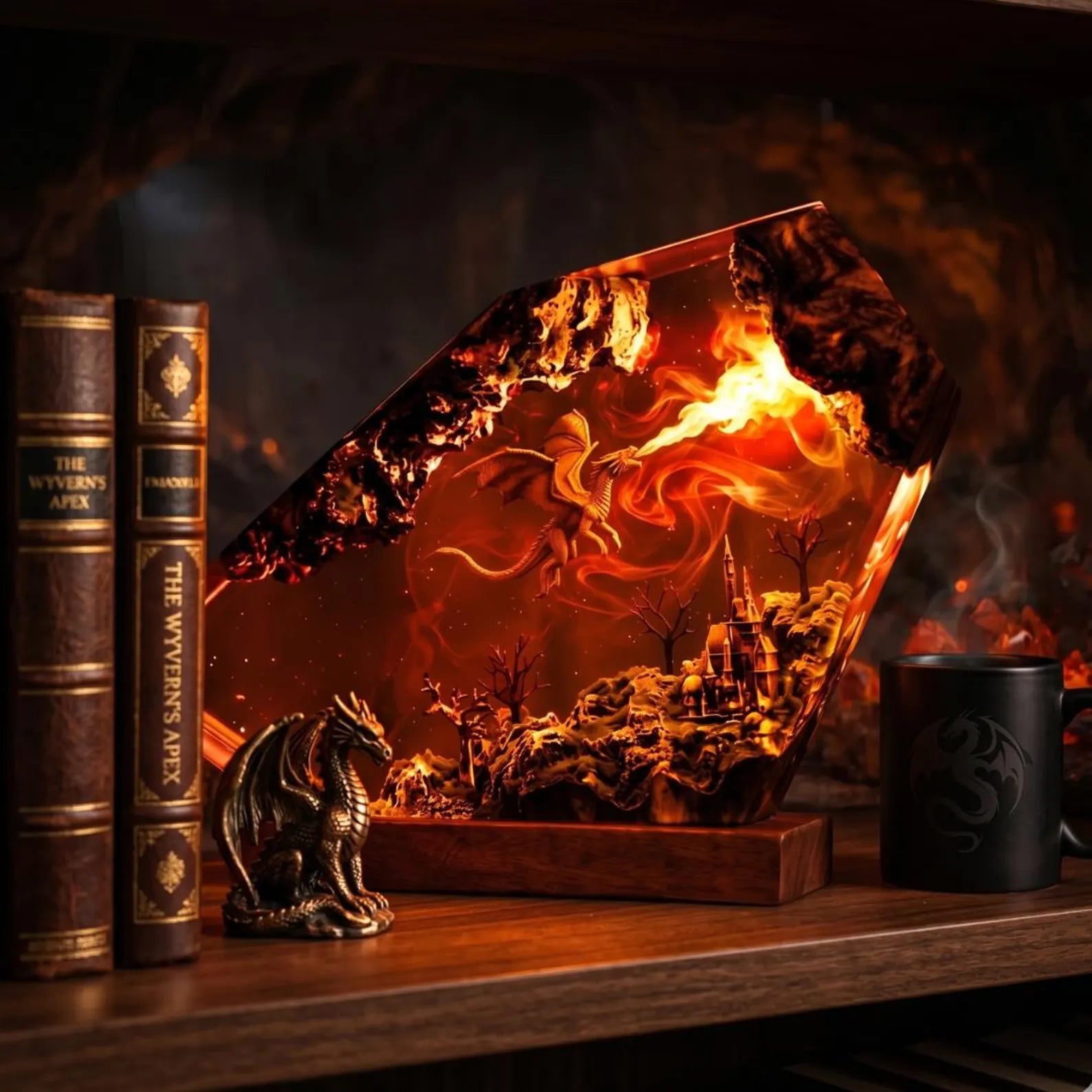 Fire Dragon Crystal Resin Lamp, Epic Fantasy Gemstone Night Light, Glowing Cave Diorama, Gamer Desk Setup Decor,Unique Birthday Gift for Him. ERNLVLA13