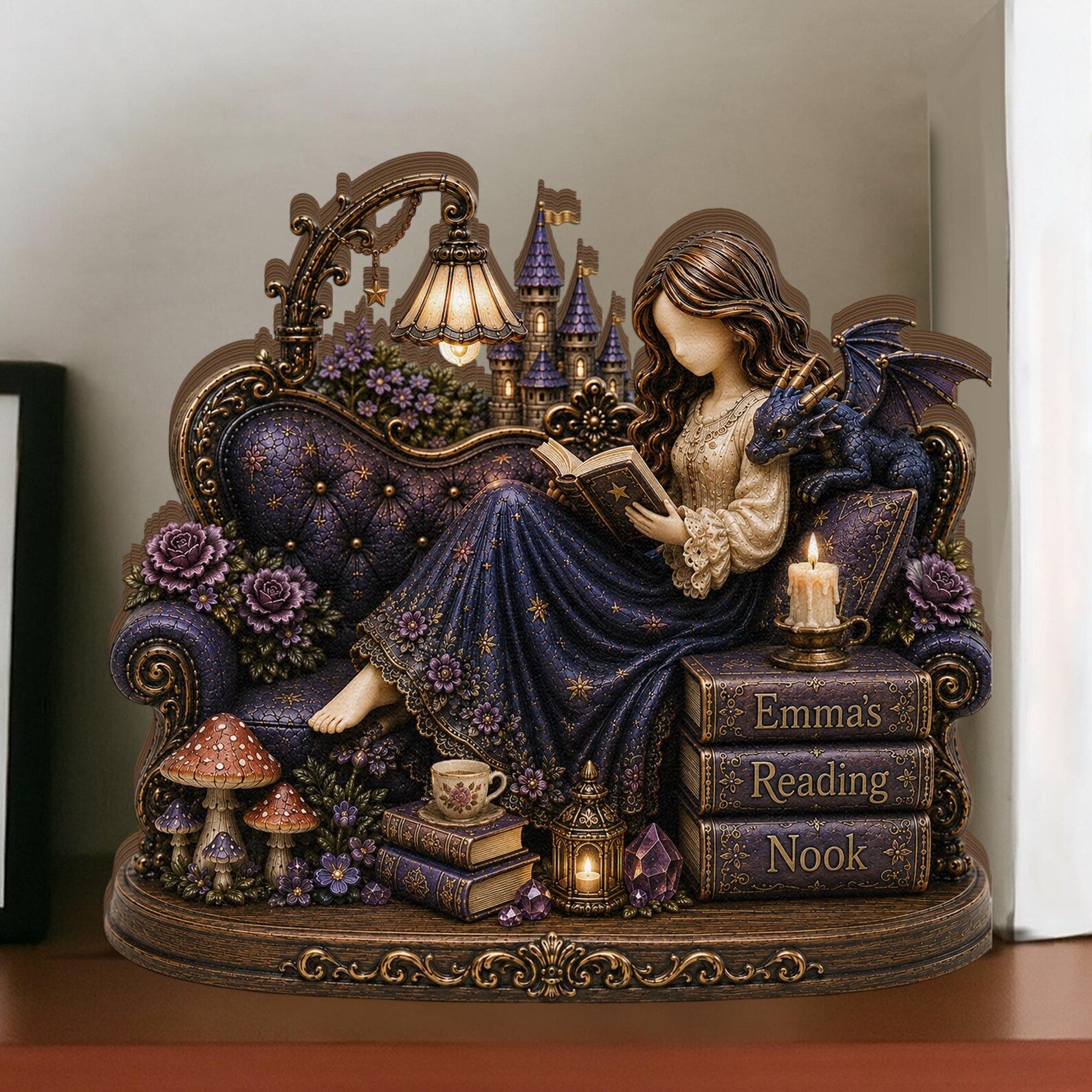 Personalized Dragon Reading Nook Girl Loves Book Lover Decor Fantasy Reader Gift Custom Bookish Shelf Sitter Gothic Cottagecore Gift for Her  – WBVLR06