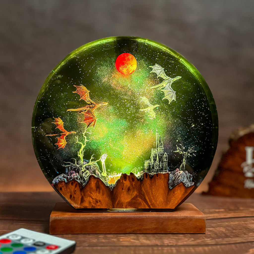 Dragon Moon Night Light – Handmade Resin Lamp with Castle Scene – Fantasy LED Decor Gift. ERNLVLA24