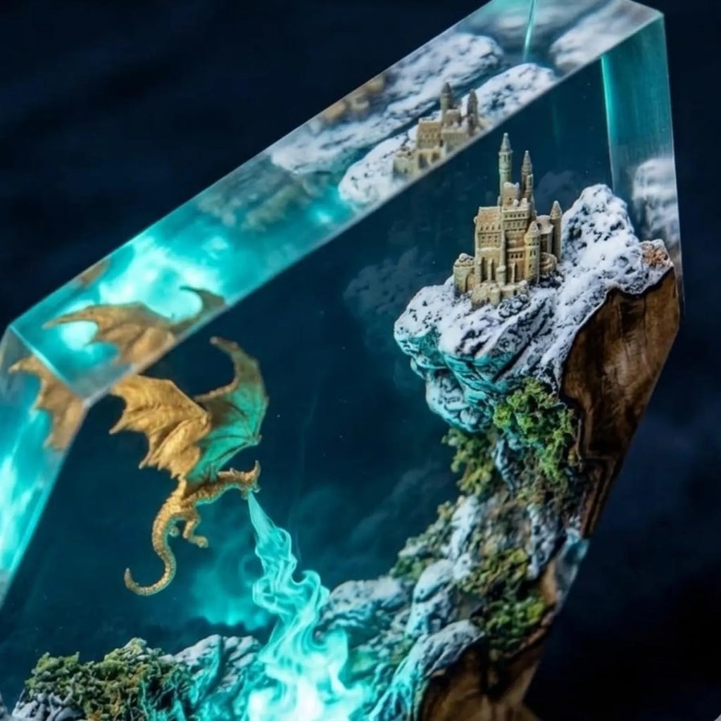 Handmade Dragon Resin Lamp, Fantasy Castle Diorama Night Light, LED Wood Base, Fire Dragon Resin Lamp, Handmade Fantasy Epoxy Night Light. ERNLVLA04