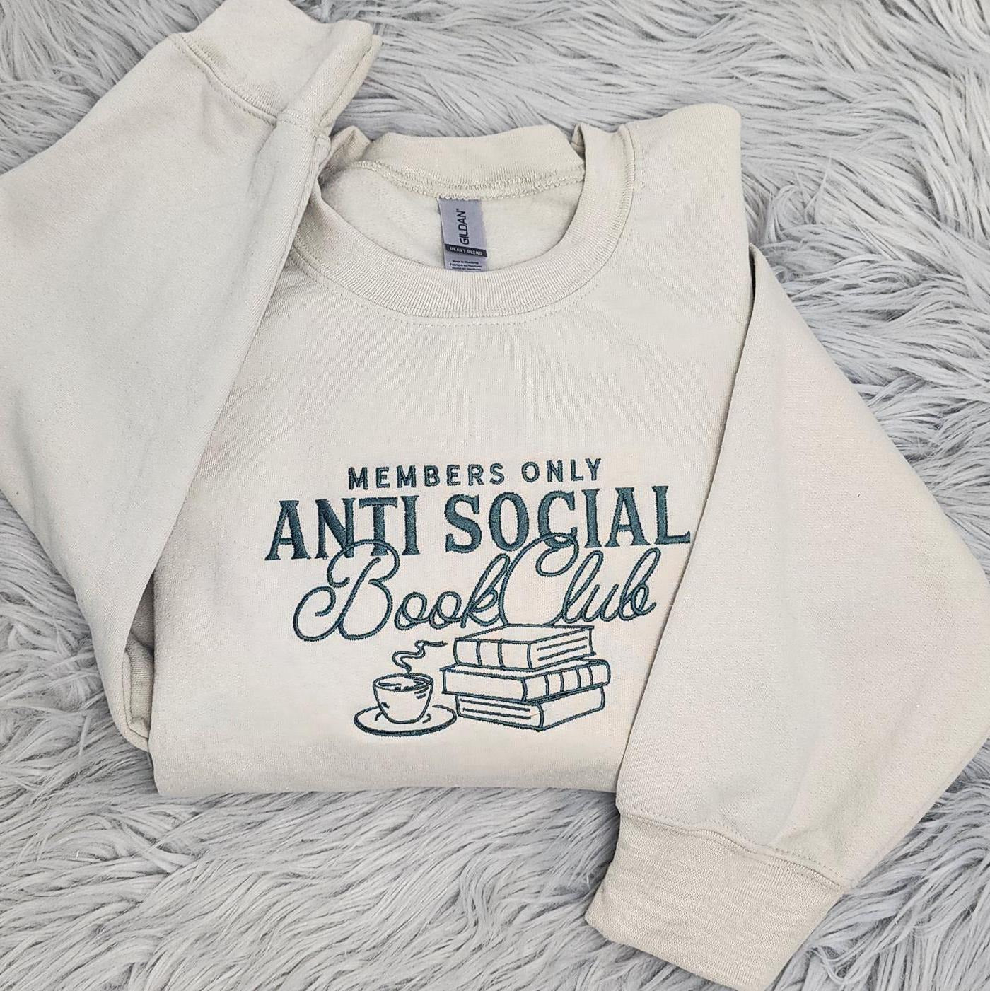 Anti Social Book Club Embroidered Crewneck, Cozy Literary Sweatshirt, Book Club Gift, Bookish Sweatshirt