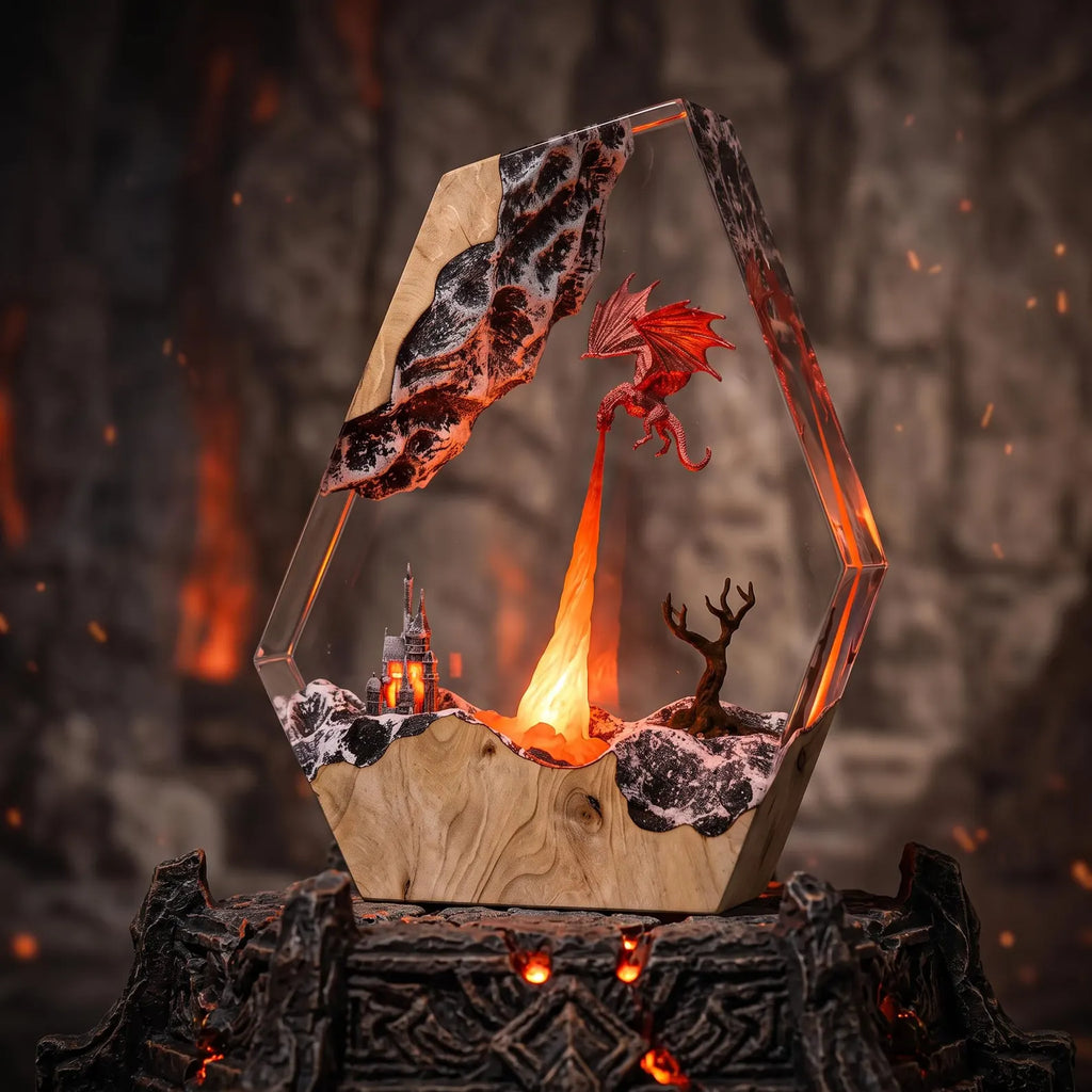 Handmade fire-breathing dragon epoxy resin 3D model lamp, anime dinosaur night light, resin table lamp, a collectible gift for movie fans.. ERNLVLA09