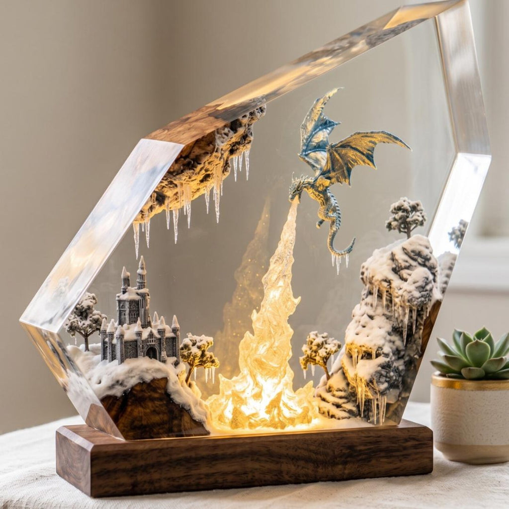 Ice Dragon Resin Lamp, Winter Castle Glacier Diorama, Frost Dragon Night Light, RGB Gamer Desk Setup Decor, Unique Fantasy Gift for Him. ERNLVLA14