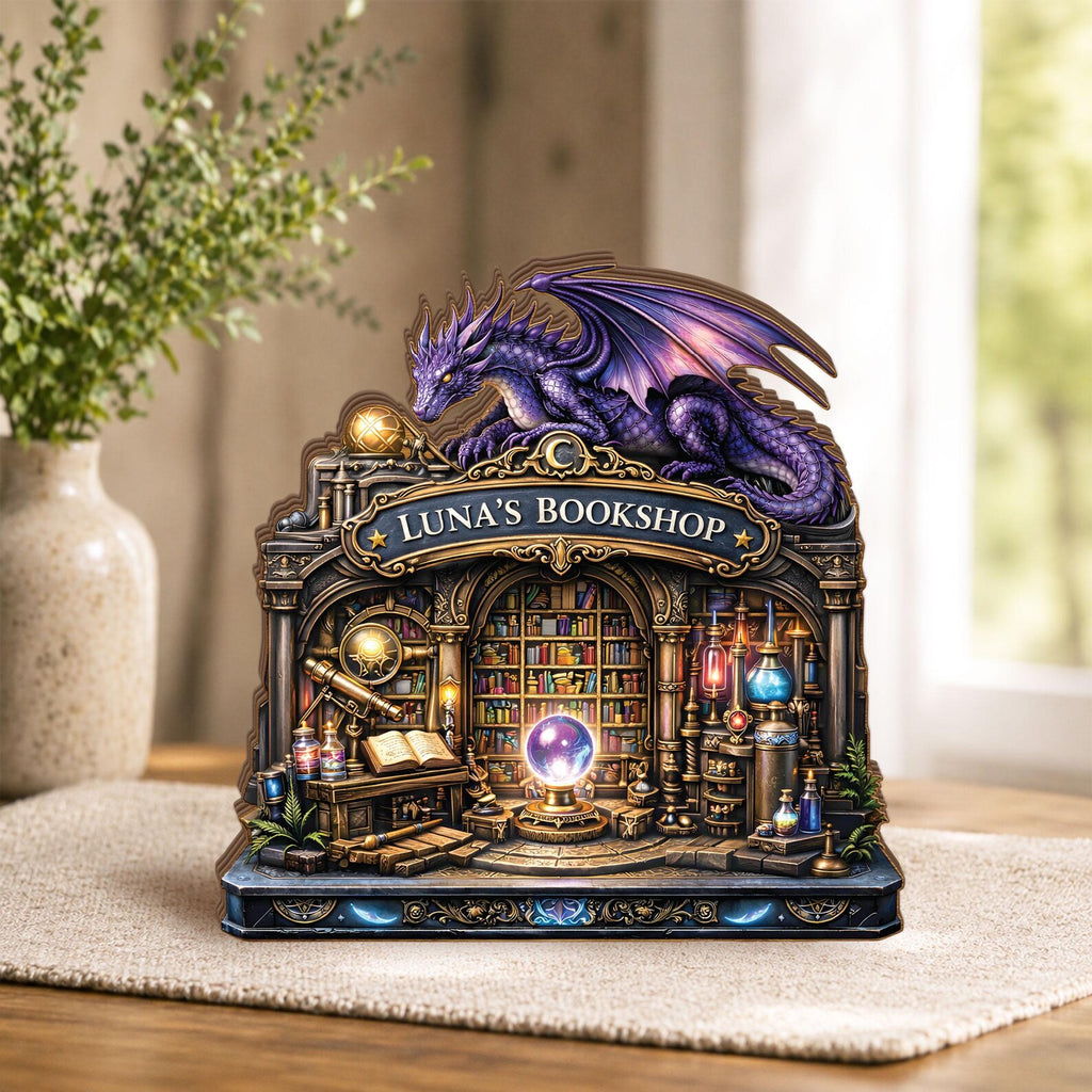 Personalized Dragon Bookshop Wooden Block, Custom Fantasy Library Shelf Decor, Dragon Book Lover Gifts, Magical Reading Nook Library Plaque – WBVLR12