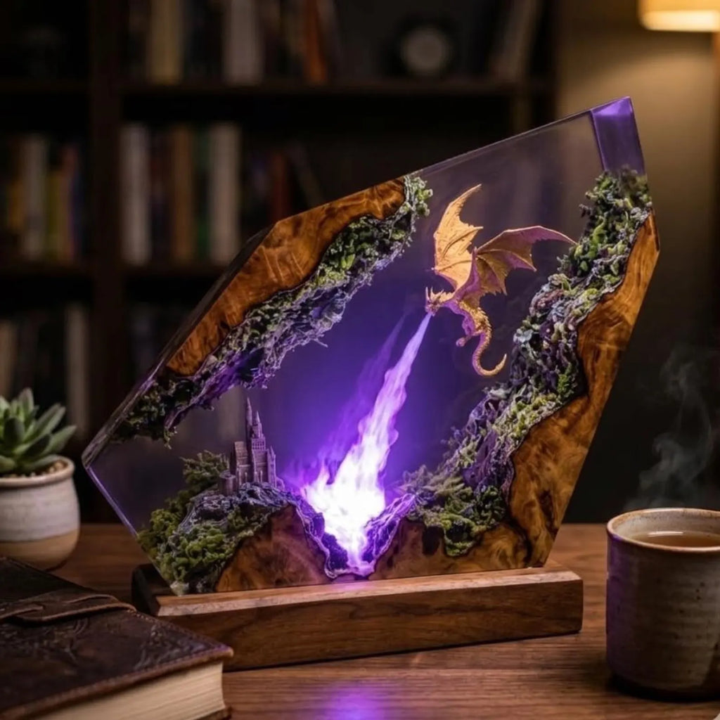 Fire Dragon Resin Lamp – Epoxy Wood Dragon Lamp | Handmade Fantasy Night Light | Dragon Figure Decor | Unique Gift for Gamers & Collectors. ERNLVLA03