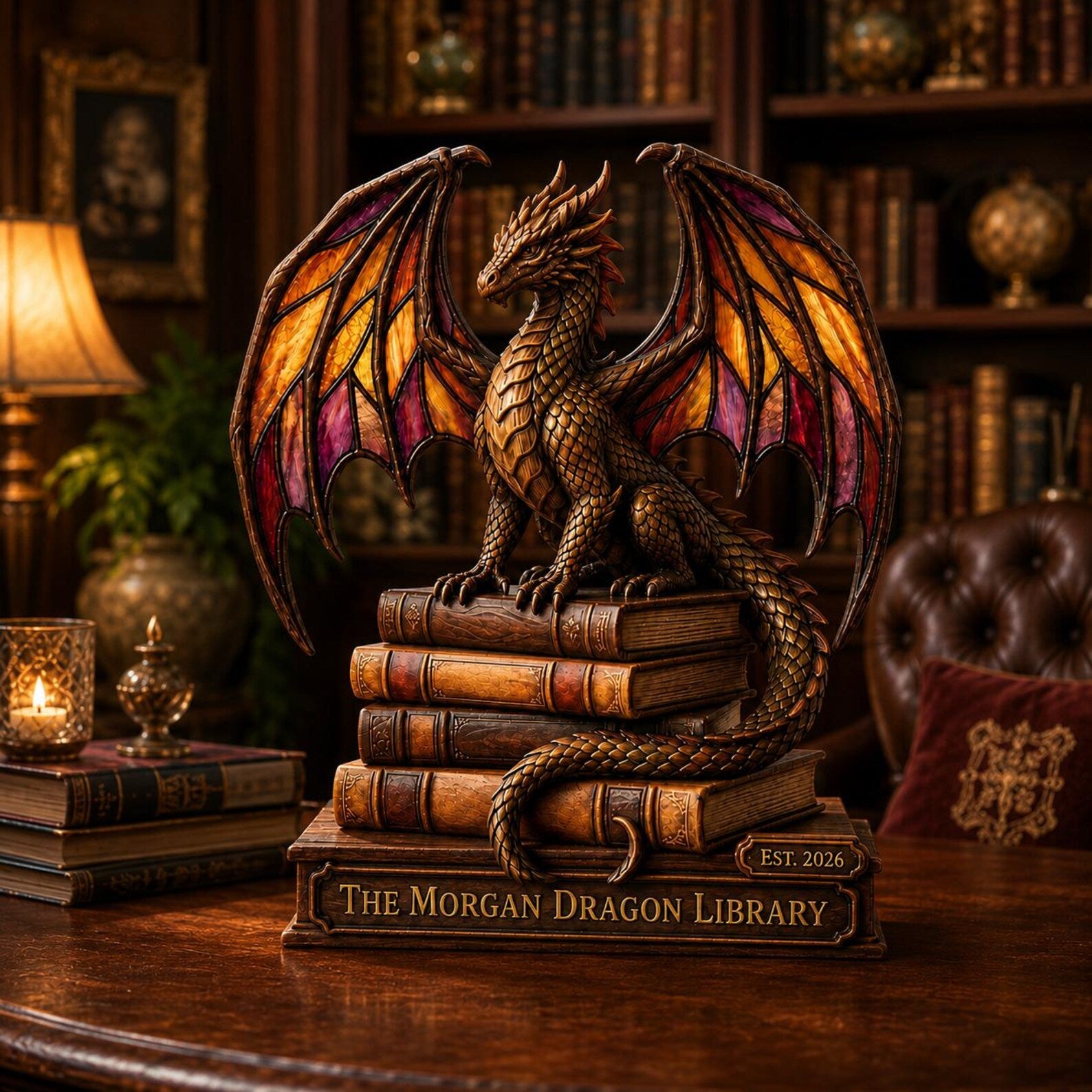 Personalized Dragon Book Stack Wooden Block, Custom Fantasy Library Name Sign Decor – WBVLR11