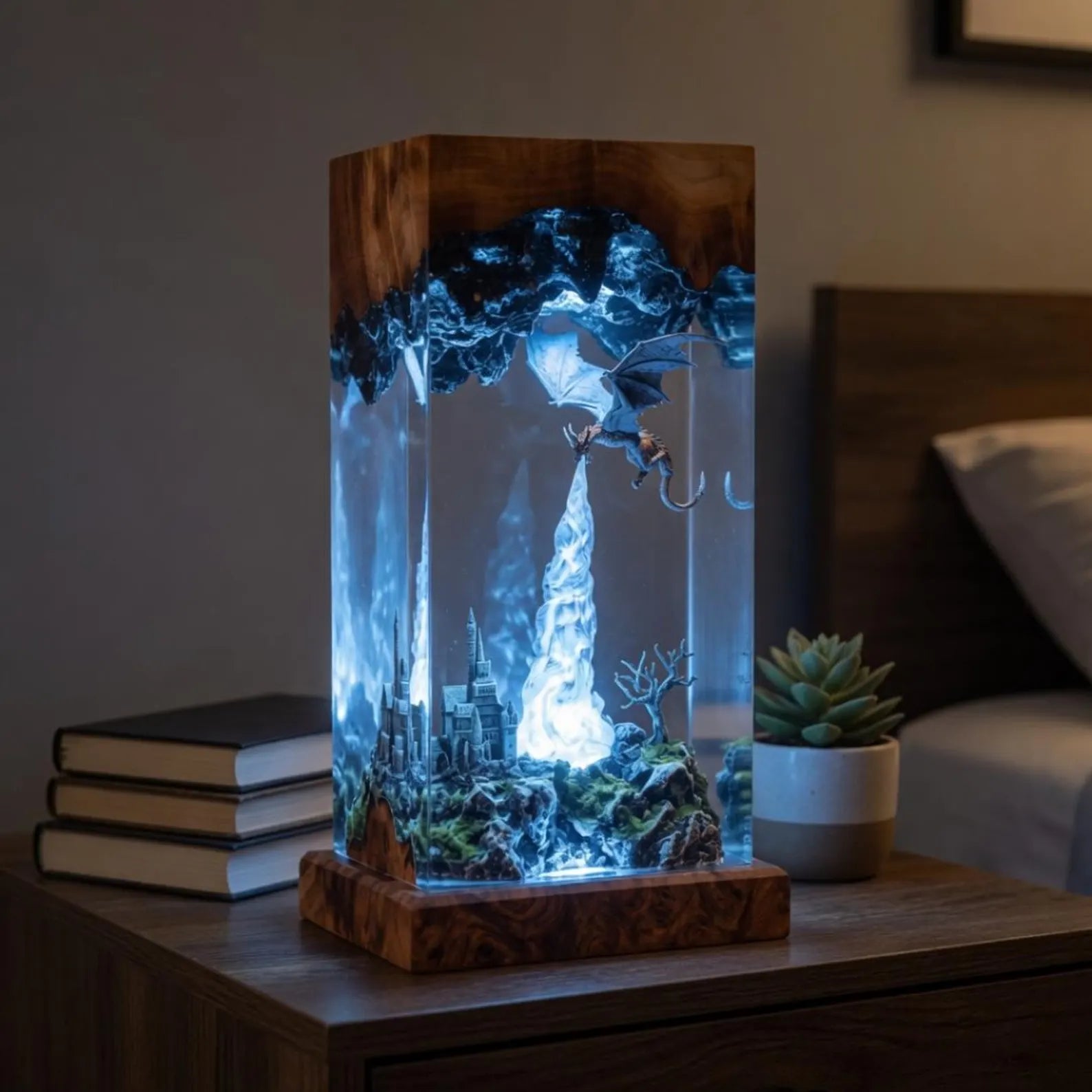 Dragon Resin Lamp, Fantasy Dragon Night Light, Handmade Epoxy Resin Art, Fire Dragon Desk Lamp, Castle Diorama LED Decor Gift, Gift for Dad. ERNLVLA05