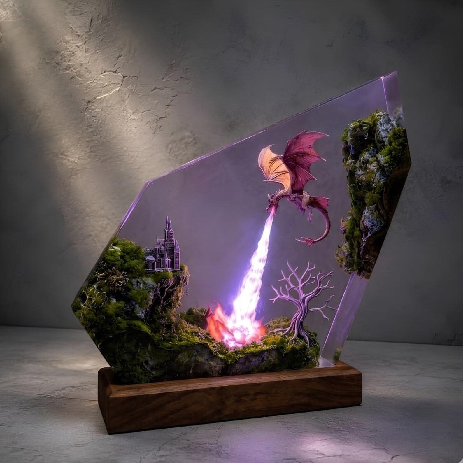 Fire Breathing Dragon Lamp, Resin Castle Diorama, Moss Epoxy Night Light, Gift for Dad, Gaming Desk Setup, Handmade Dragon Statue. ERNLVLA11