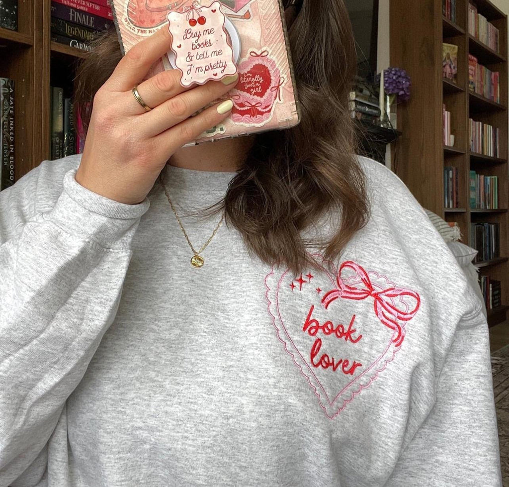 Embroidered Book Lover Coquette Bow Heart Sweatshirt, Book Lover Gift, Reading Sweatshirt, Librarian Shirt
