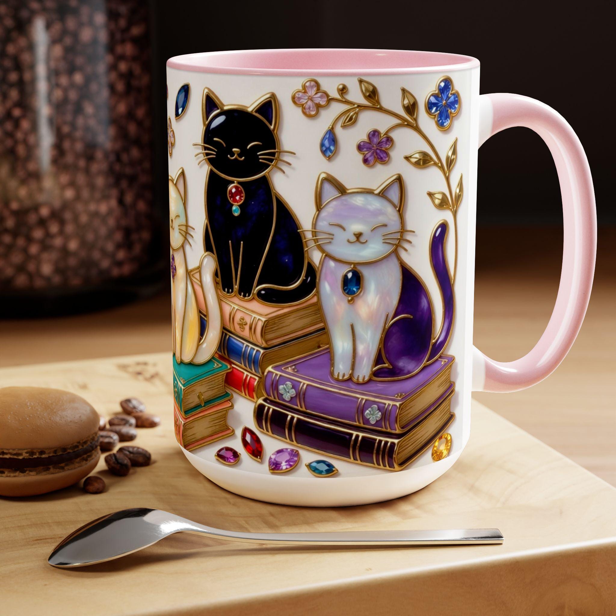 Stained Glass Style Cats Mug, Bookish Cat Art Mug, Jewel Tone Fantasy Cats Cup, Book Lover Mug MFVLR04