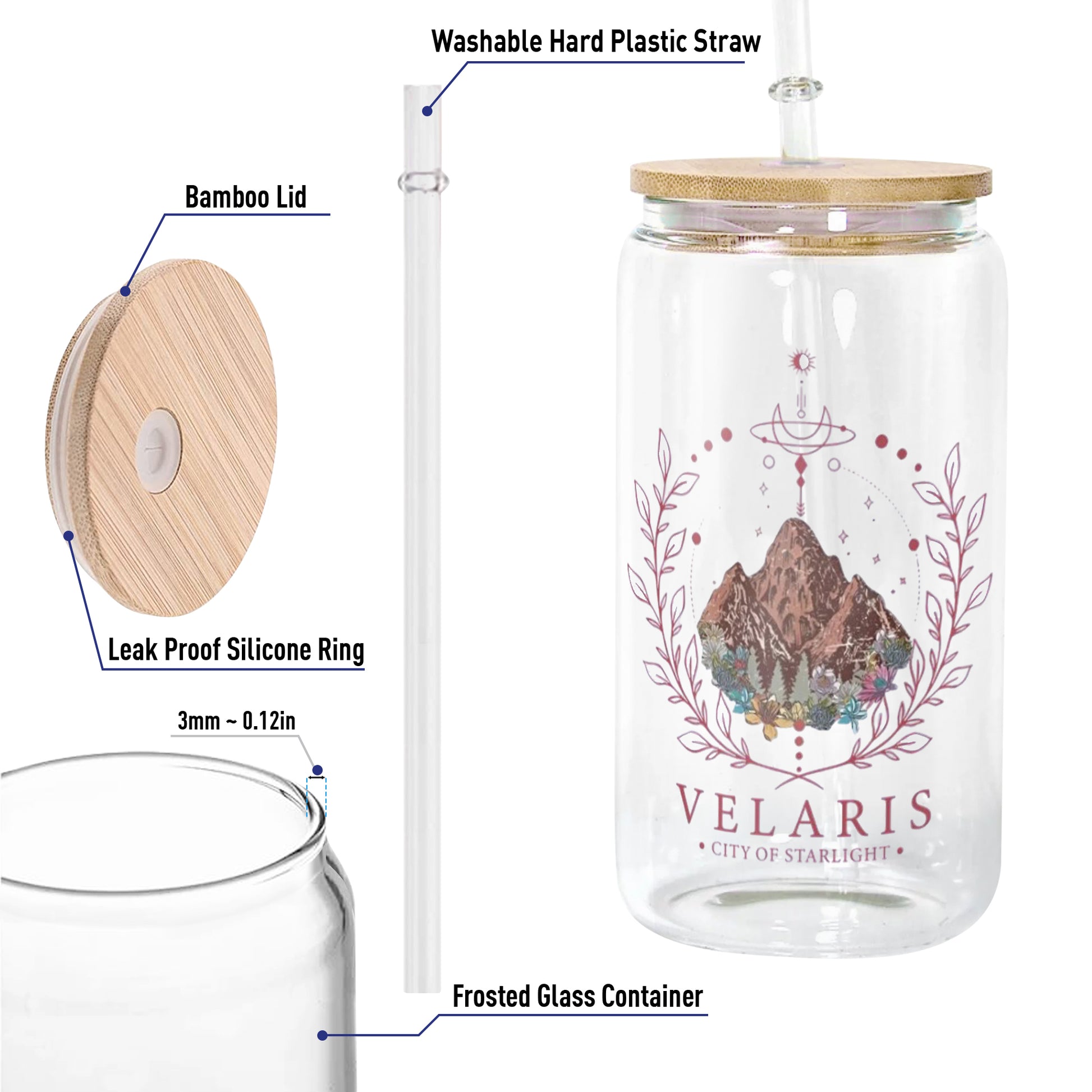 Velaris City of Starlight Glass Can Cup with Straw, ACOTAR Bookish Gift, Night Court Fantasy Drinkware GLVLR39