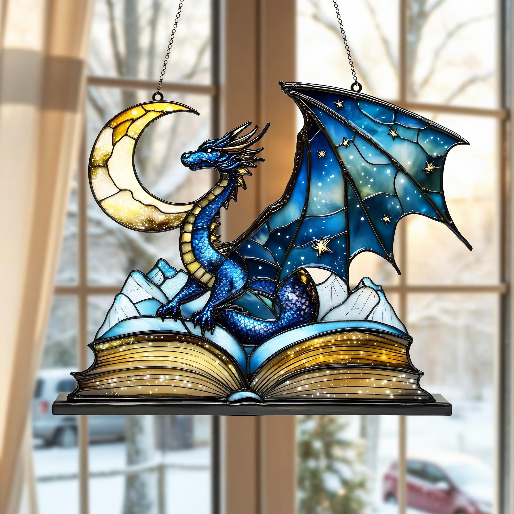 Fourth Wing Dragon Suncatcher – Blue Fantasy Dragon Faux Stained Glass Window Hanging, Bookish Home Decor for Dragon & Book Lovers SGVLR03