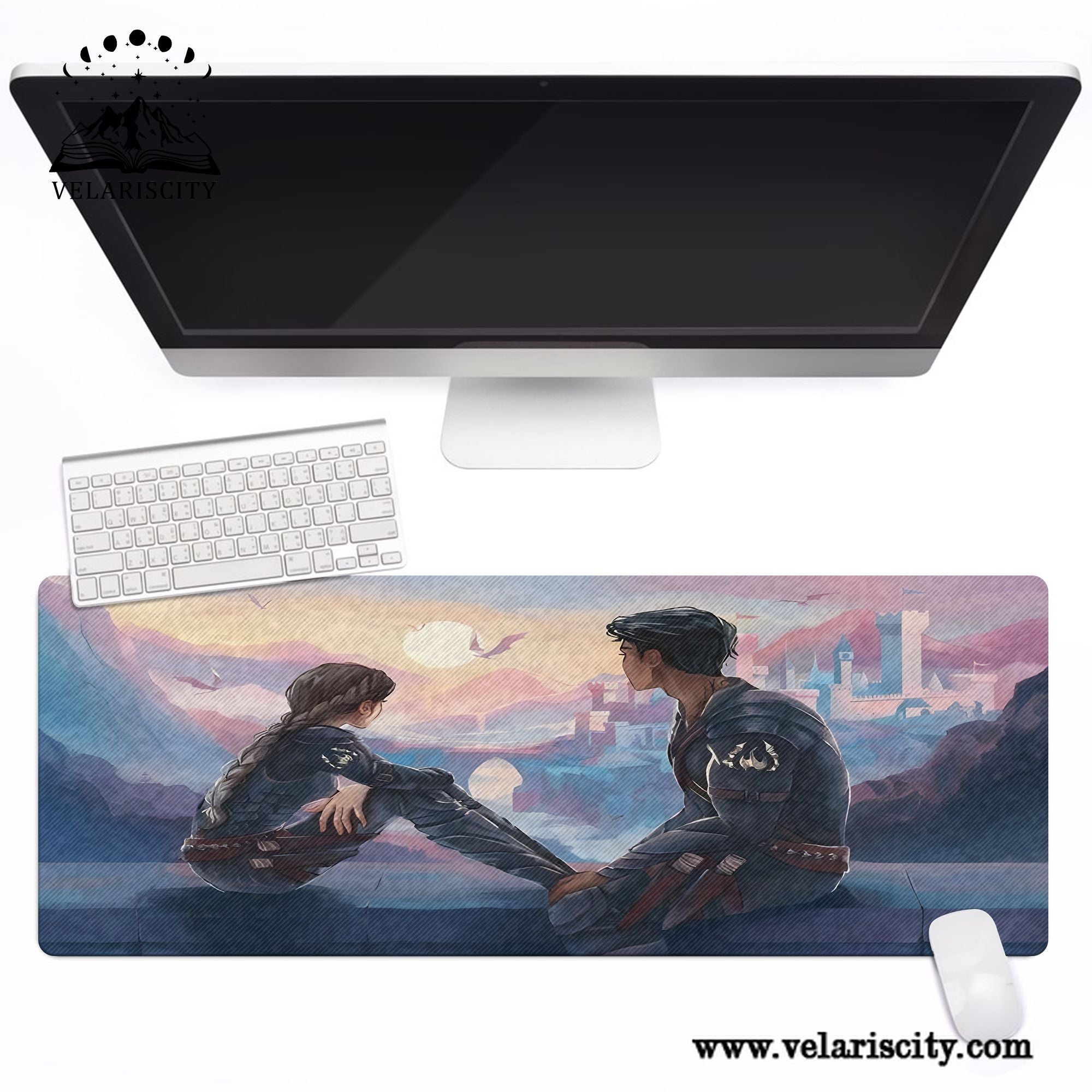 Fourth Wing Desk Mat, Violet and Xaden Sunset Scene with Dragons, Empyrean Series Fantasy Desk Pad DMVLR15