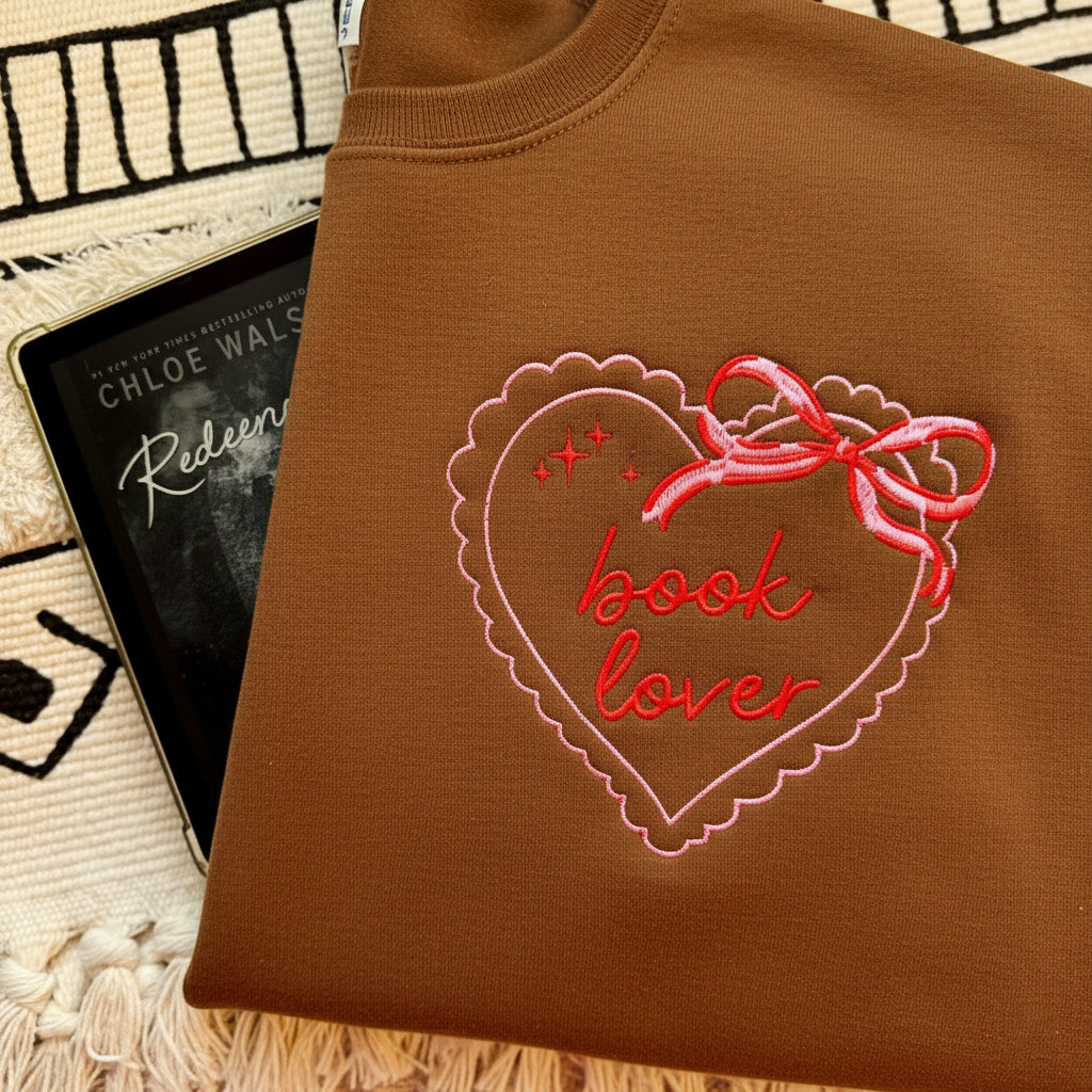 Embroidered Book Lover Coquette Bow Heart Sweatshirt, Book Lover Gift, Reading Sweatshirt, Librarian Shirt