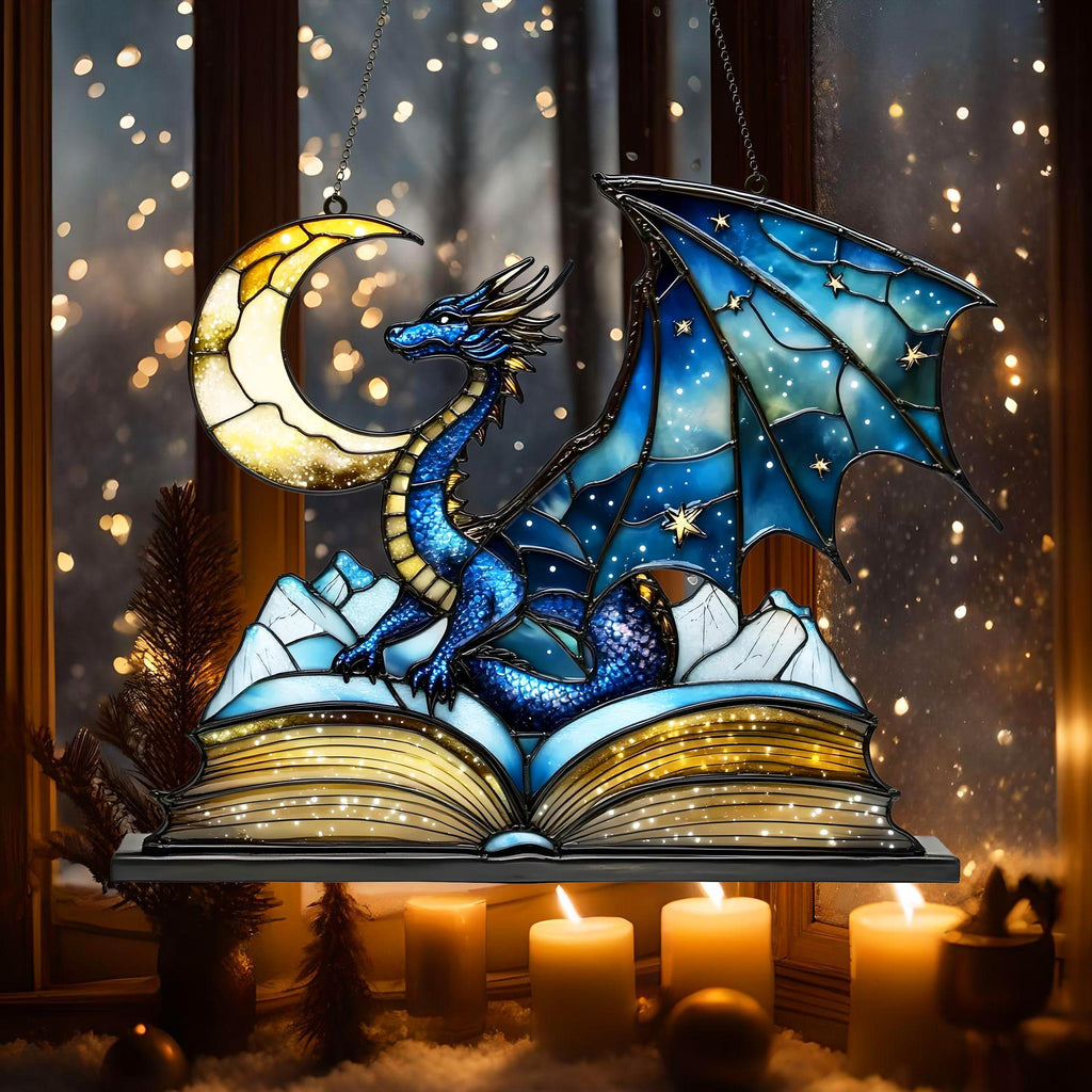 Fourth Wing Dragon Suncatcher – Blue Fantasy Dragon Faux Stained Glass Window Hanging, Bookish Home Decor for Dragon & Book Lovers SGVLR03