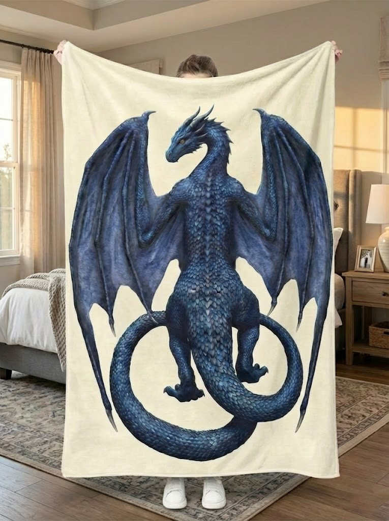 Sgaeyl Dragon Fleece Blanket, Blue Dragon Fantasy Design, Fourth Wing Inspired Cozy Blanket, Magical Dragon Bedding for Fantasy Lovers BLK04