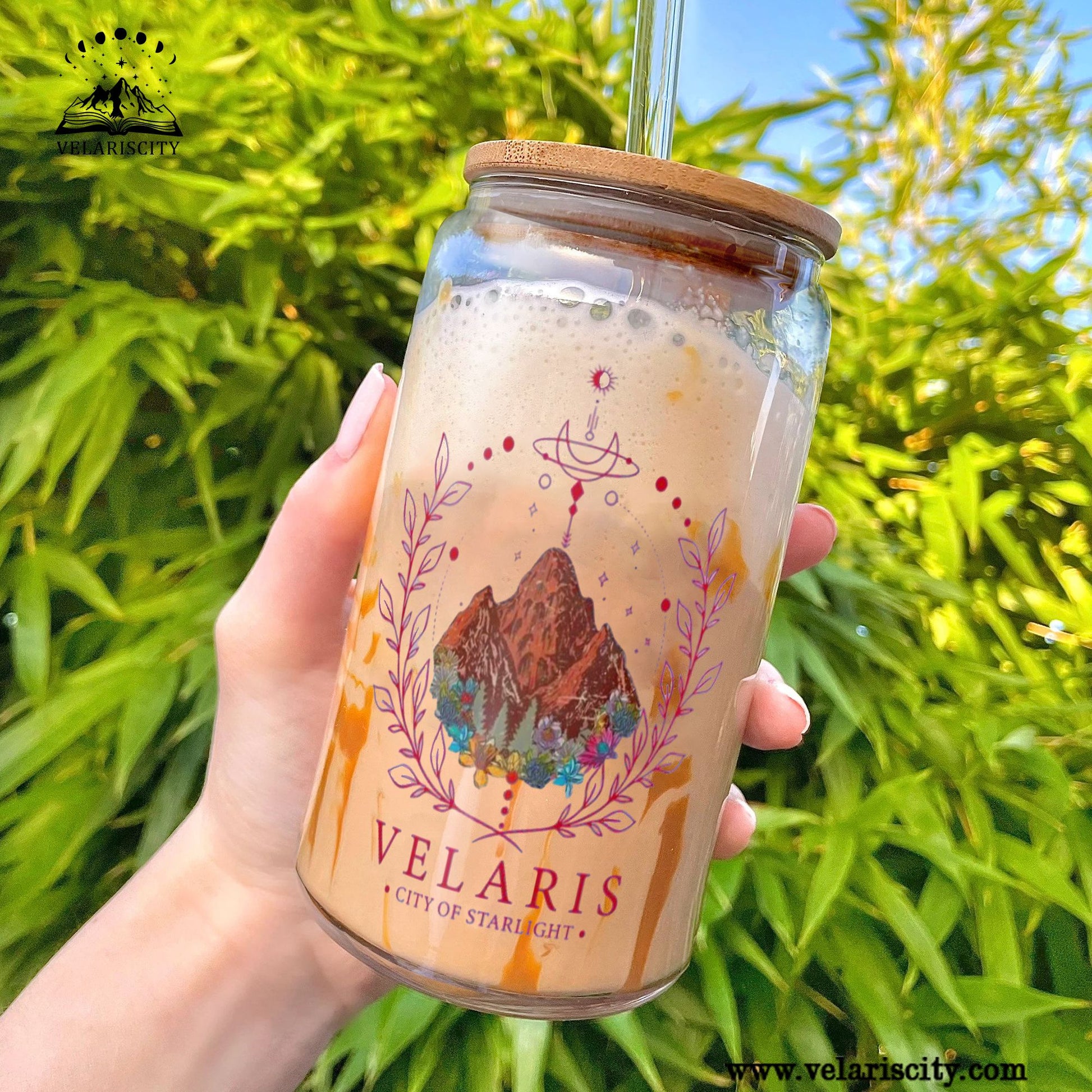 Velaris City of Starlight Glass Can Cup with Straw, ACOTAR Bookish Gift, Night Court Fantasy Drinkware GLVLR39
