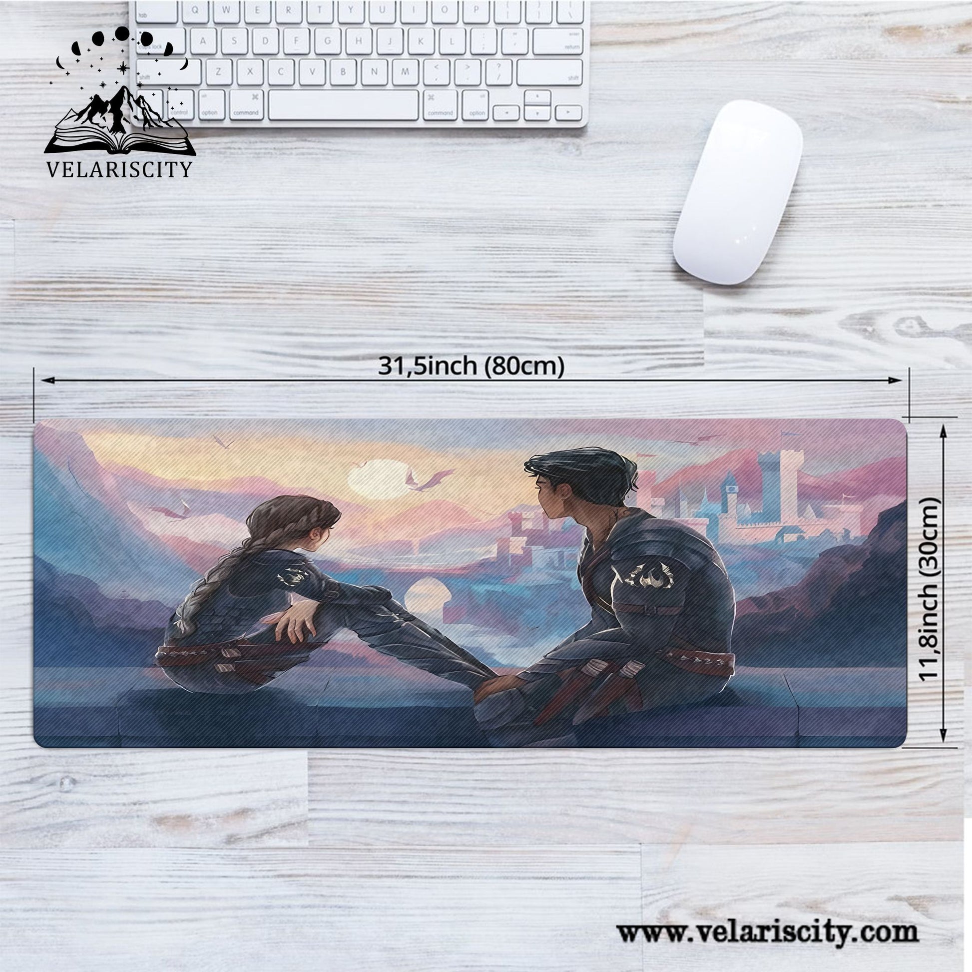 Fourth Wing Desk Mat, Violet and Xaden Sunset Scene with Dragons, Empyrean Series Fantasy Desk Pad DMVLR15