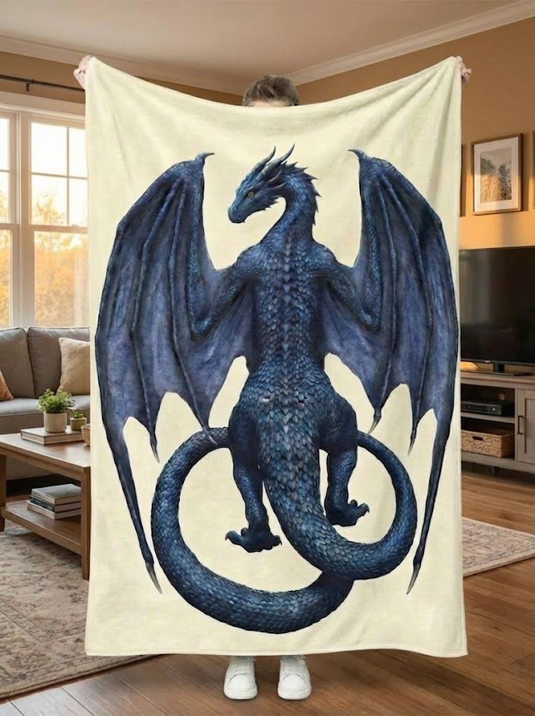 Sgaeyl Dragon Fleece Blanket, Blue Dragon Fantasy Design, Fourth Wing Inspired Cozy Blanket, Magical Dragon Bedding for Fantasy Lovers BLK04