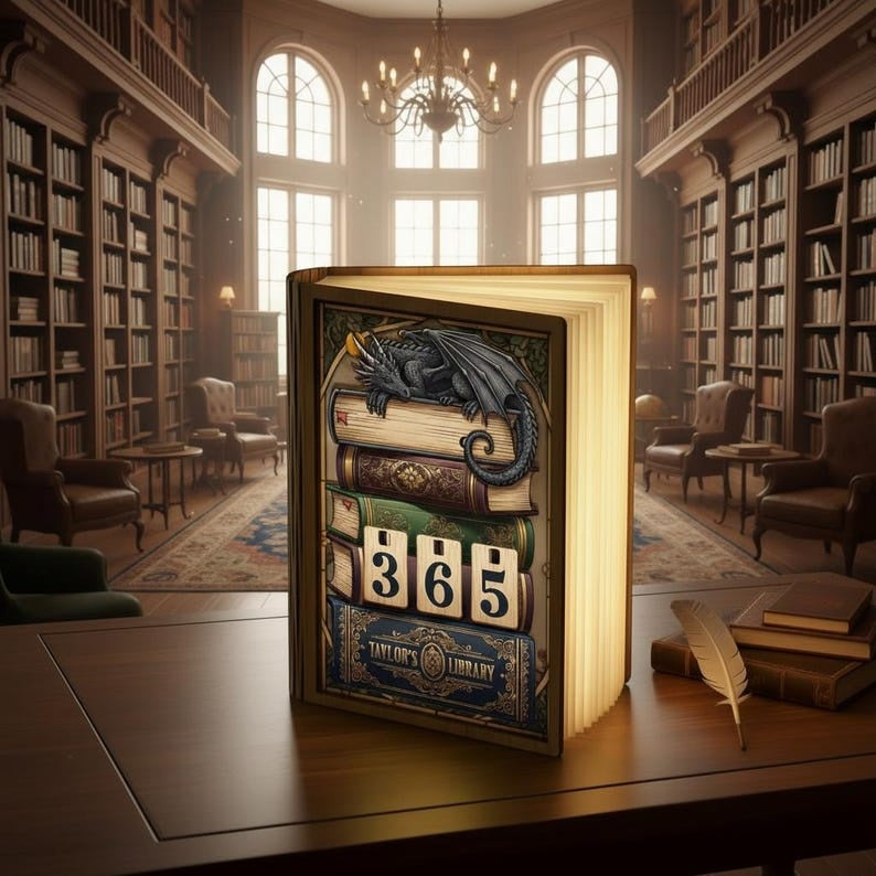 Dragon Book Lamp 365 Reading Tracker, Fantasy Book Lover Gift, LED Folding Book Light, Vintage Library Decor, Reader Night Light BLVLR04