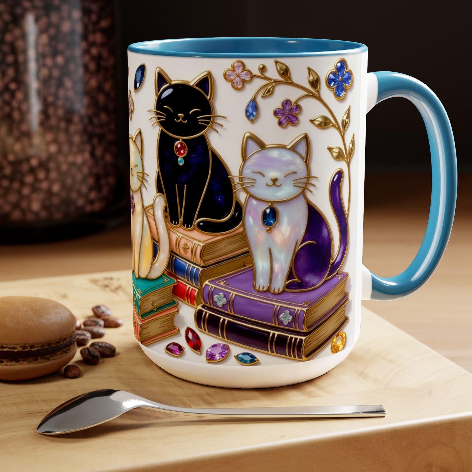 Stained Glass Style Cats Mug, Bookish Cat Art Mug, Jewel Tone Fantasy Cats Cup, Book Lover Mug